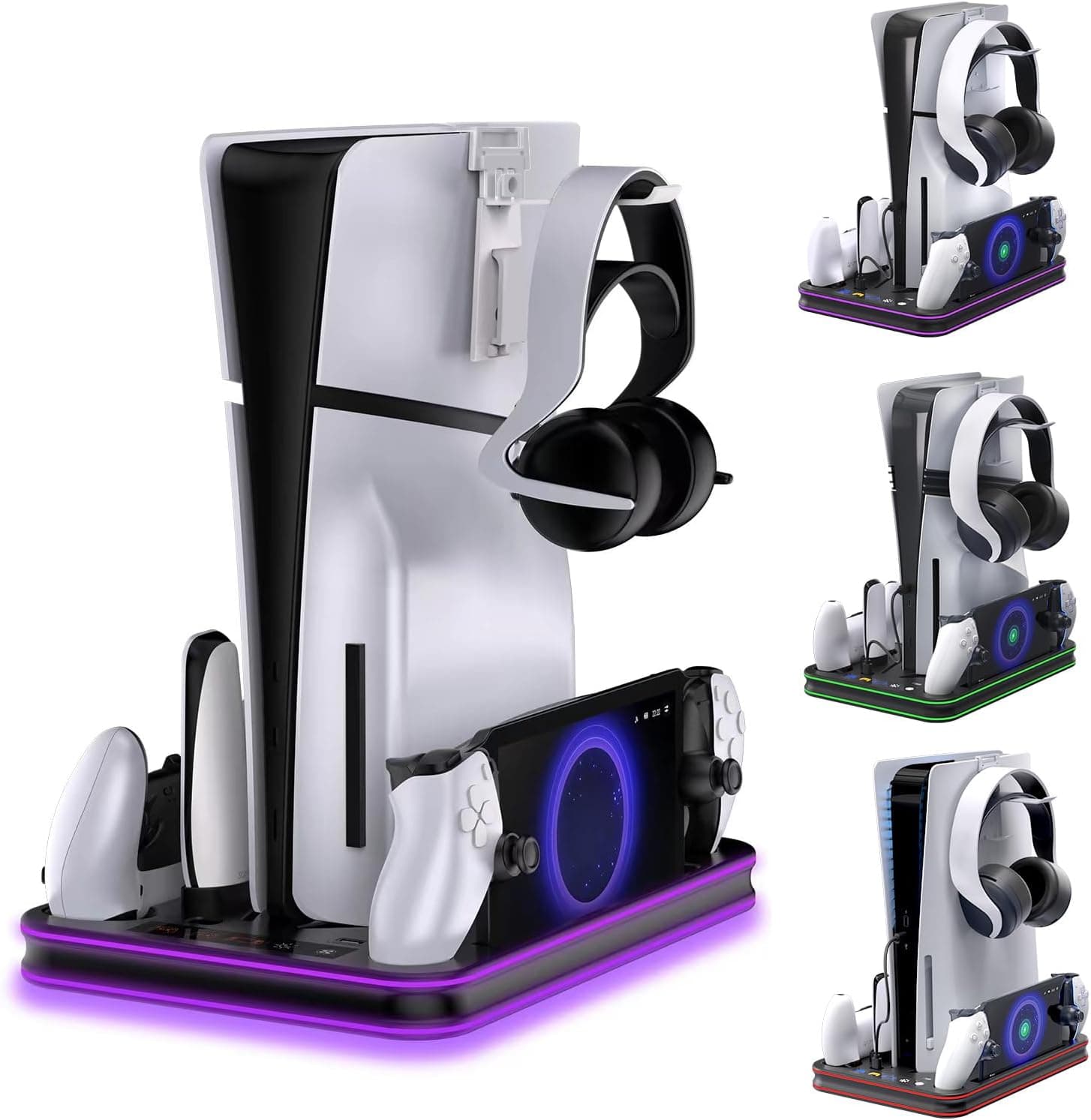 Base de Carga Compatible con PS Portal, Soporte PlayStation 5 y estación de refrigeración con Base de Carga LED RGB, Controlador PS5 Edge y Auriculares y Soportes remotos, Color Negro –
