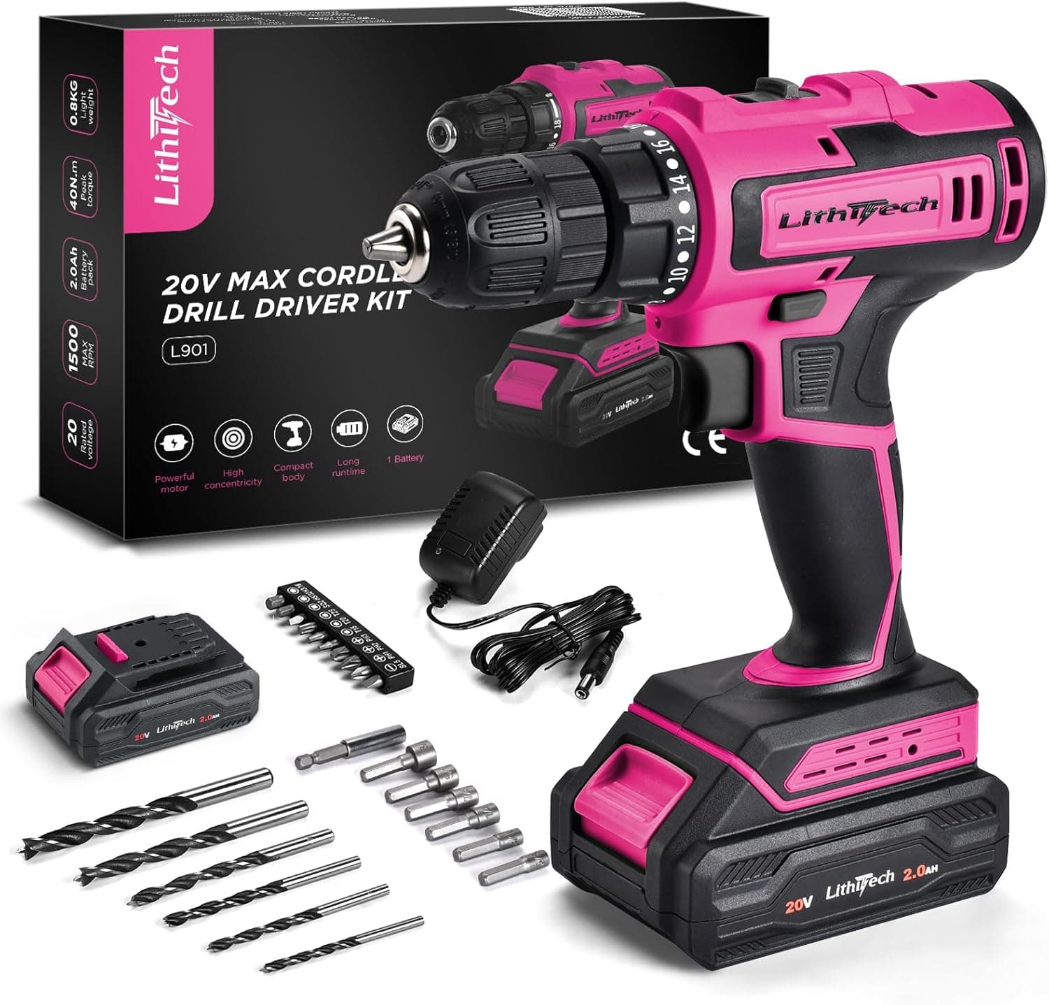 Lithitech Juego de taladro inalámbrico rosa de 20 V para mujer, con batería de 2.0 Ah y cargador, portabrocas sin llave de 3/8 pulgadas, herramienta de taladro eléctrico ligera, 2 velocidades + par de – Lithitech
