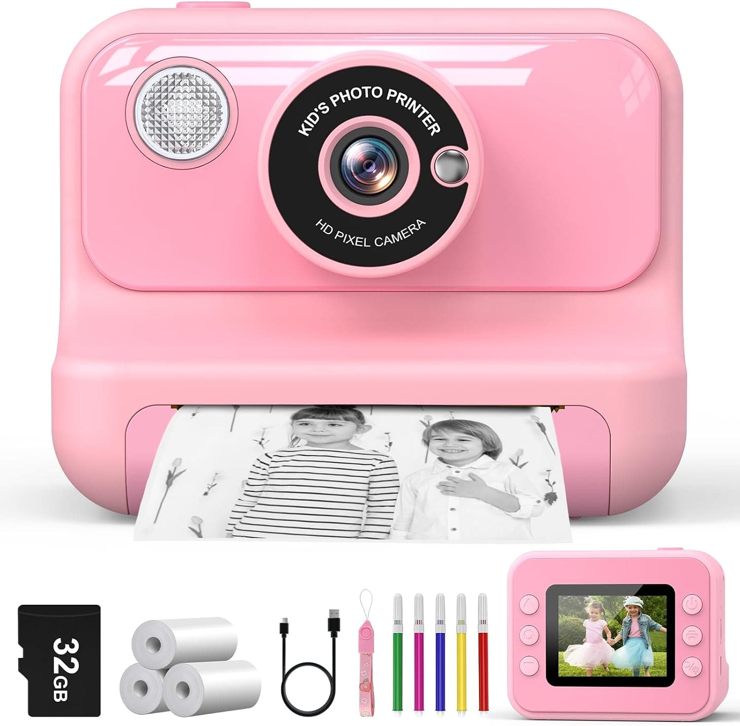 Cámara Instantánea Niños, 2.4'' Pantalla Camara Fotos Infantil Instantanea con Tarjeta 32GB y 3 Rollos de Papel, Regalo de... – Cámara