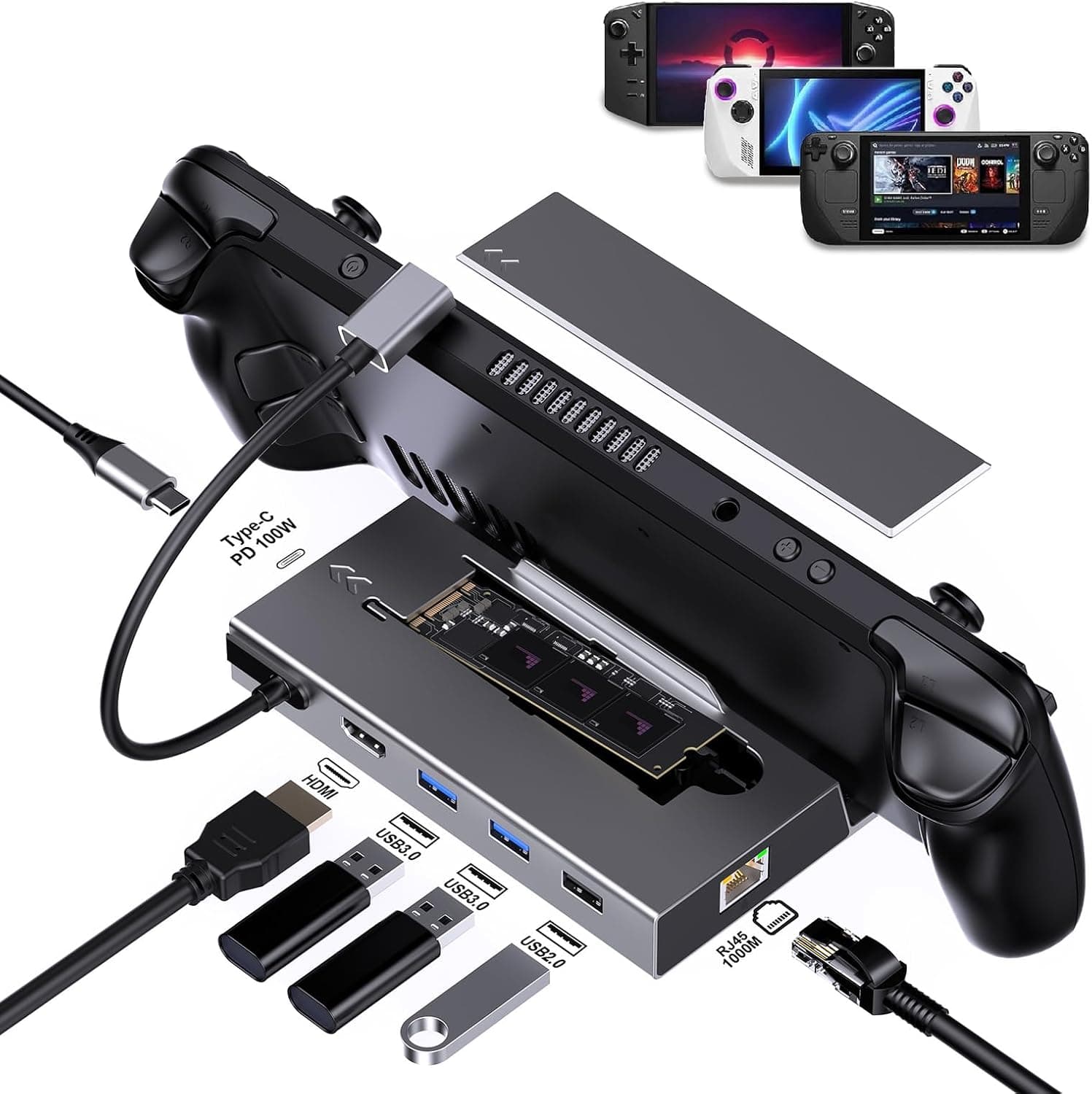GKI M.2 Steam Deck Dock, estación de acoplamiento 7 en 1 con carcasa SSD M.2 NVME, HDMI 2.0 4K a 60Hz, PD 100W, Gigabit Et... –