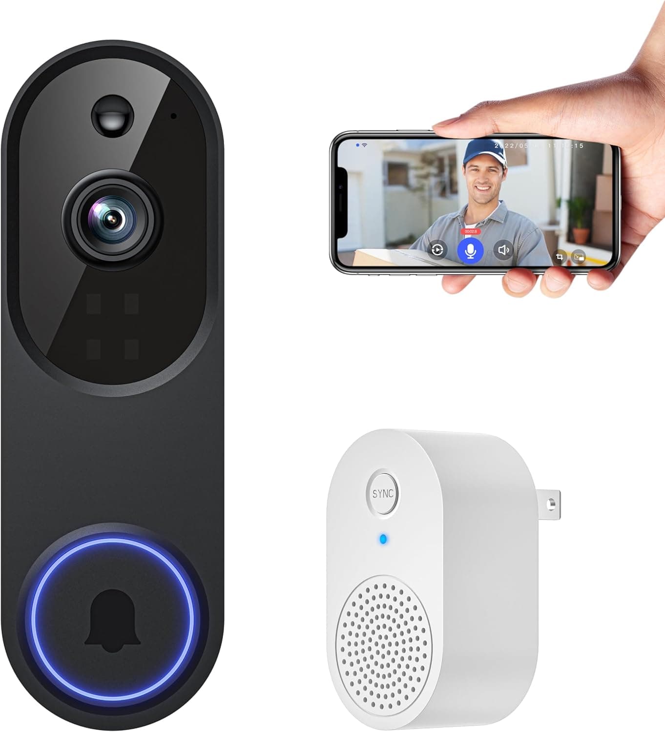 ALPHAPEACH Timbre de video inteligente inalámbrico, receptor de timbre incluido, vista en vivo, detección humana de IA, Wi... – ALPHAPEACH