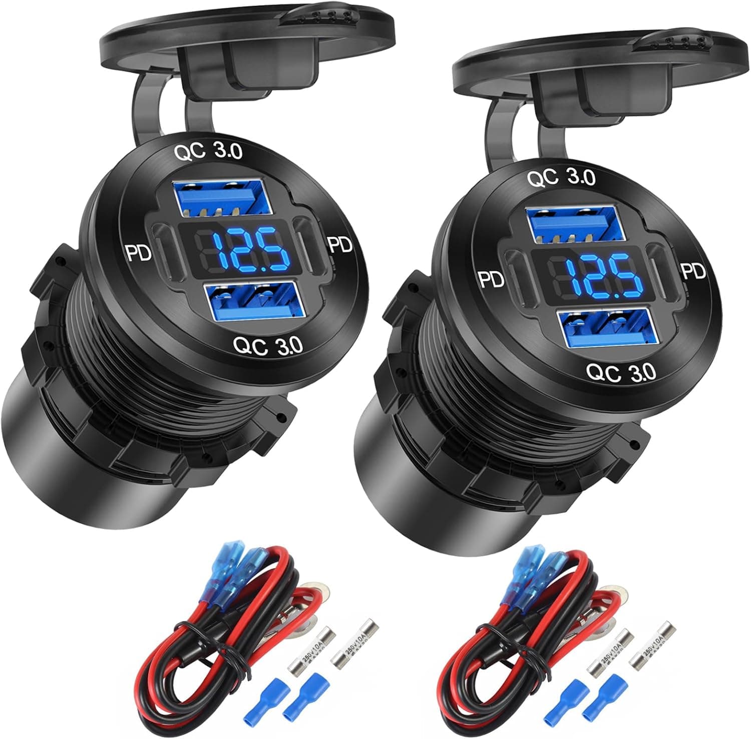 2 Pack 4 Puertos 12V Enchufe USB Cargador Aluminio, 78W Dual PD & QC Puerto U-S-B Múltiple para Coche, USB C Cigarette Lig... – 2