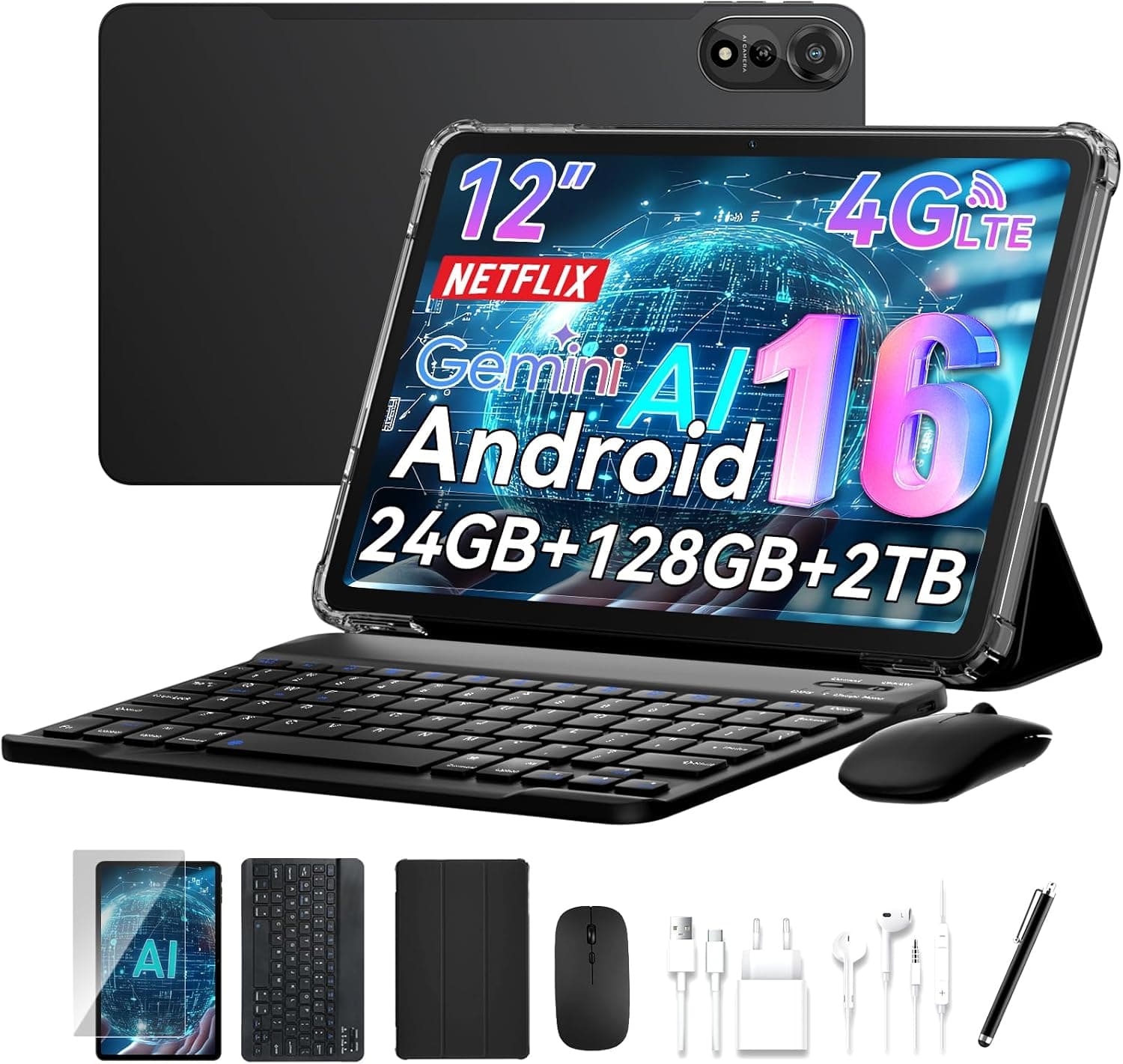 12 Pulgadas Tableta con Teclado, Android 16 Tablet, 4G LTE+5G WiFi 120Hz 24GB RAM+128GB ROM, Octa-Core Tablets con Lápiz,R... – 12