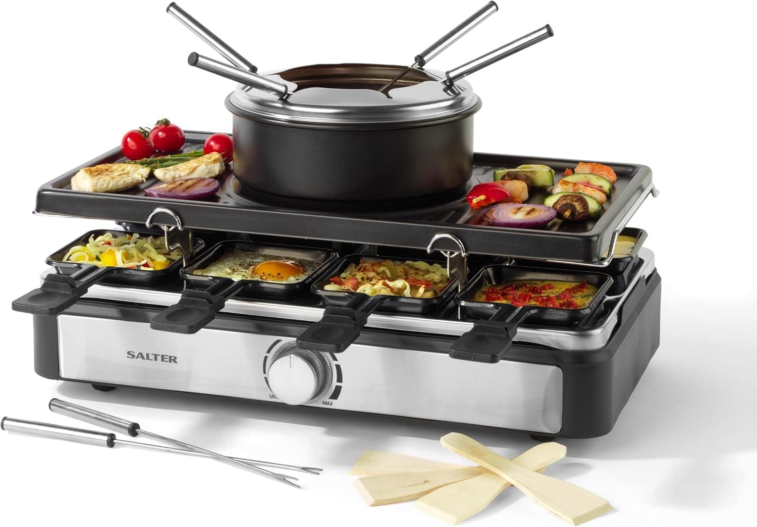 Salter Parrilla Eléctrica Raclette & Fondue - Parrilla Interior 2 en 1, Olla para Derretir de 1,3L, Fondue de Queso, 6 Ten... – Salter