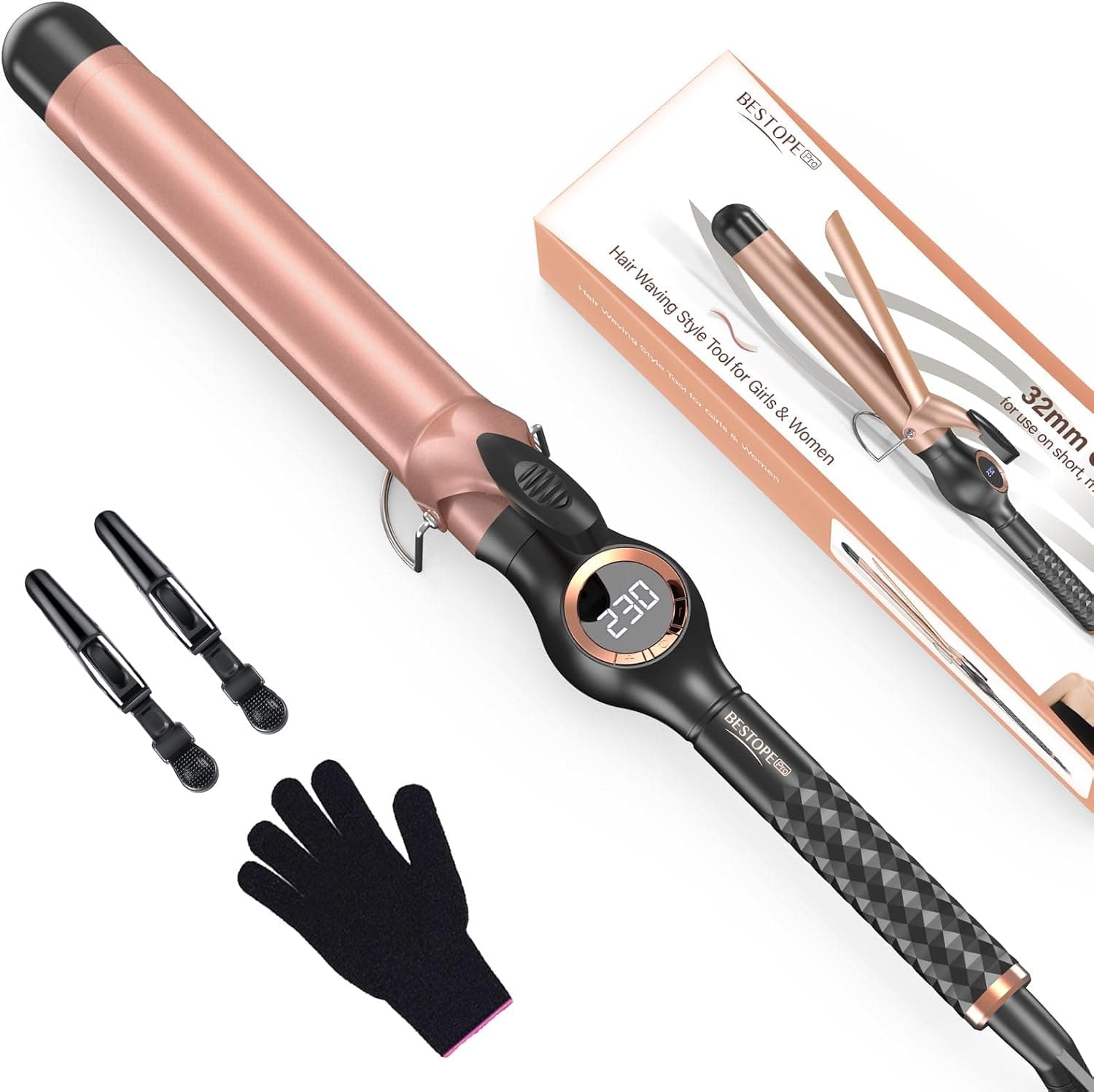 BESTOPE PRO Rizador Pelo Ondas 32mm, Rizador de Pelo para Rizos Grandes,Multi-Temperatura Seleccionable, Tenacillas para Rizar el Pelo con Calentamiento Rápido y Gran Pantalla LCD, Oro Rosa – BESTOPE