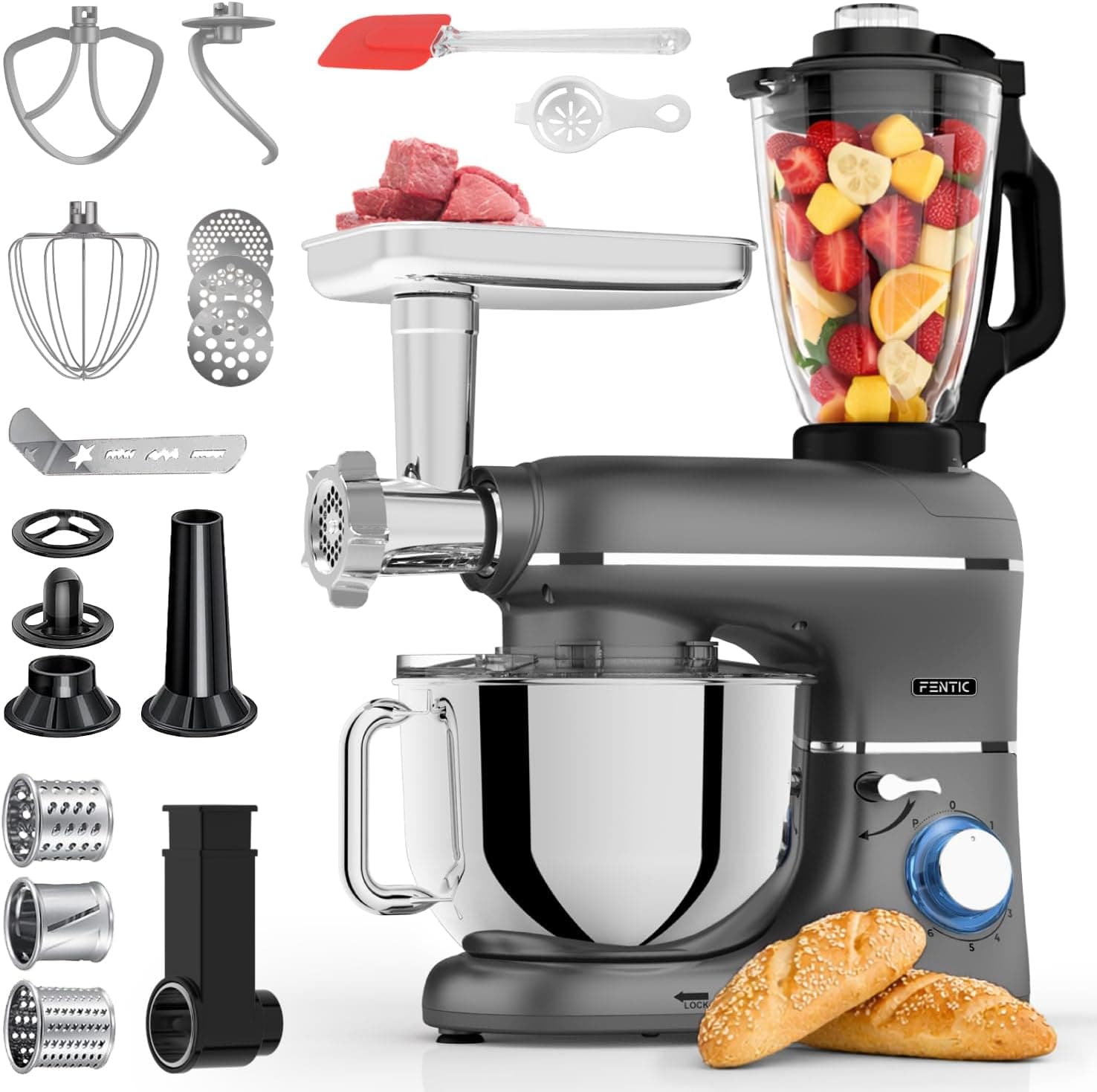 Fentic 6 en 1 Robot de Cocina – 2000W – Con Picadora de Carne, 1,5L Batidora de Vaso, Cortador, Accesorios – Batidora Amas... – Fentic