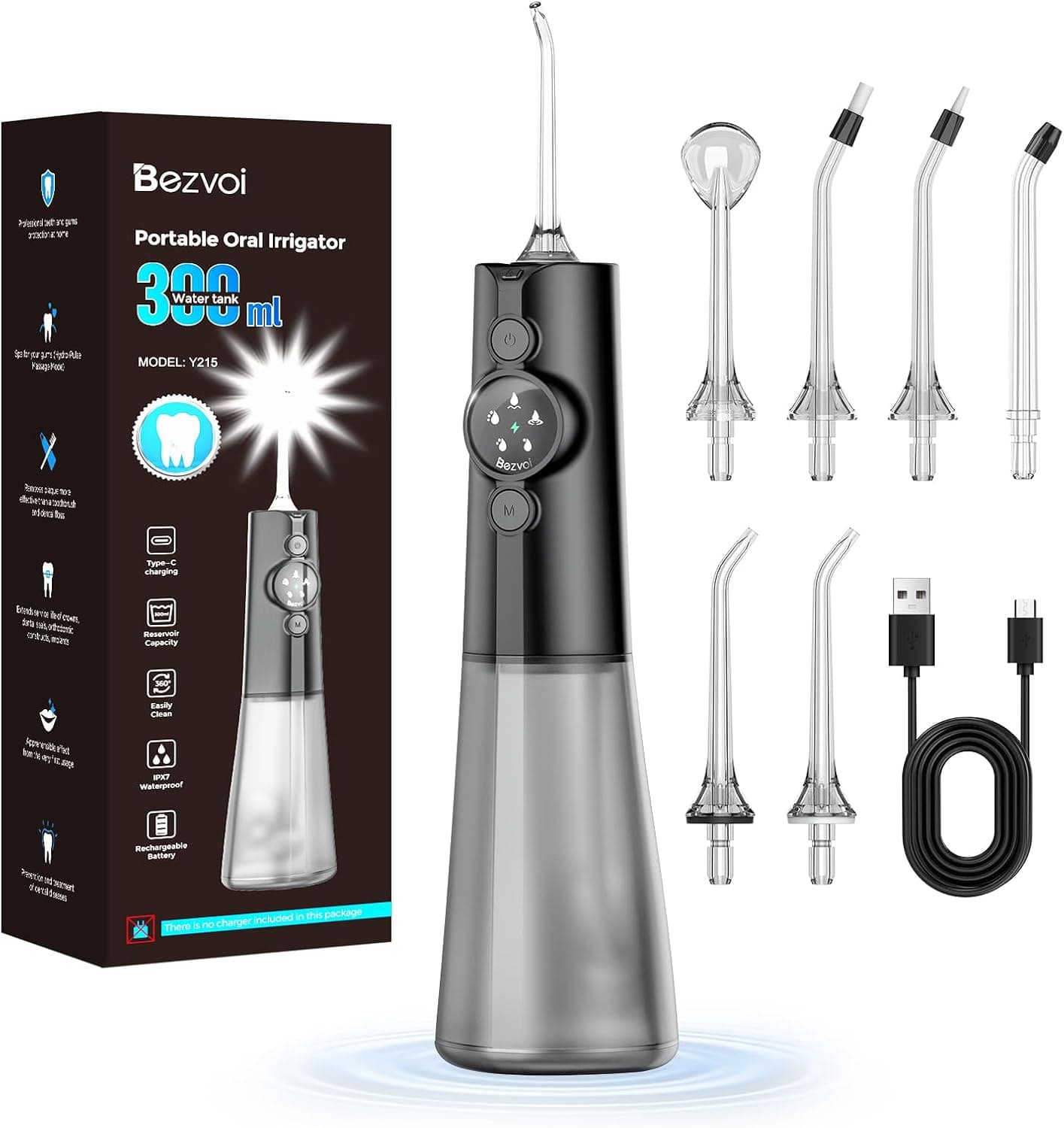 Bezvoi Irrigador Dental Portátil Inalámbrico – 5 Modos, 300ml, IPX7 Impermeable, para Ortodoncia y Encías Sensibles, 6 Boq... – Bezvoi