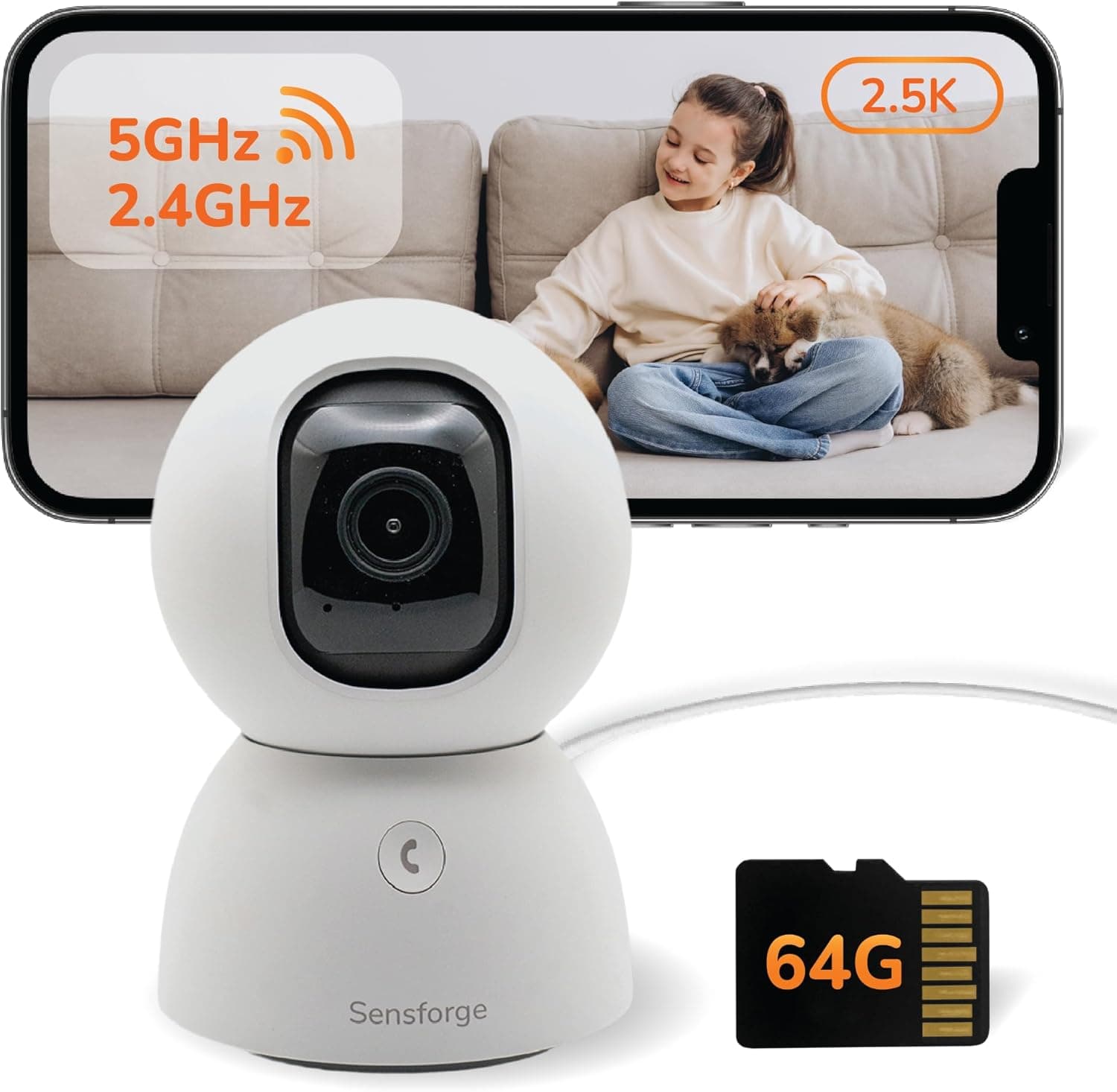 Sensforge Cámara de seguridad para interiores con tarjeta SD para mascotas/niños/hogar, grabación 24/7, Wi-Fi 5G/2.4G, vid... – Sensforge