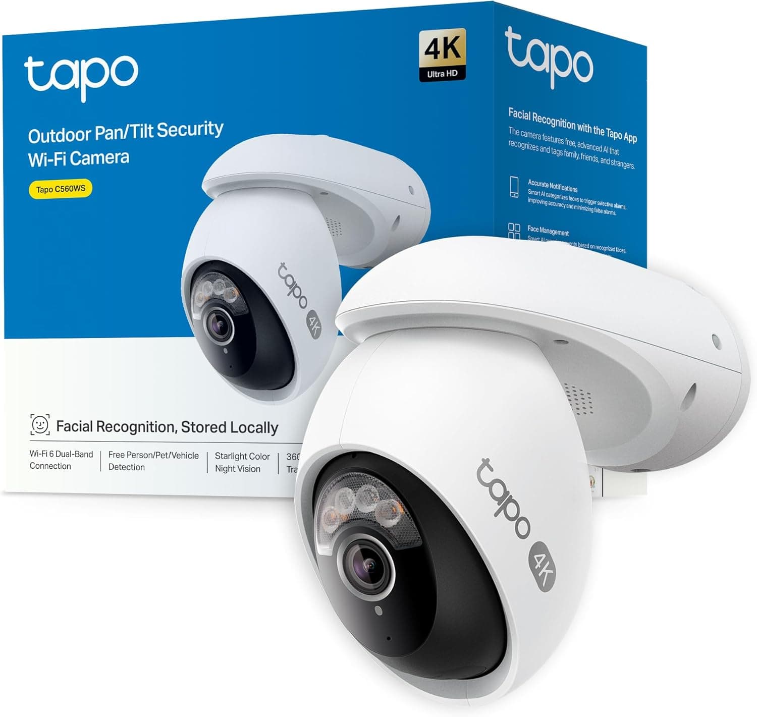Tapo C560WS, Cámara de Seguridad Exterior Wi‑Fi 6 4K 8 MP, Pan/Tilt 360° AI, Visión Nocturna Color Starlight, Reconocimien... – Tapo