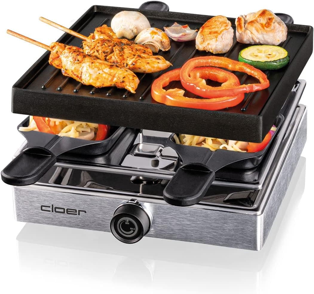 Cloer 6454 Raclette gril avec plaque en aluminium moulé sous pression, 4 poêlons à raclette antiadhésifs, spatule en plast... – Cloer