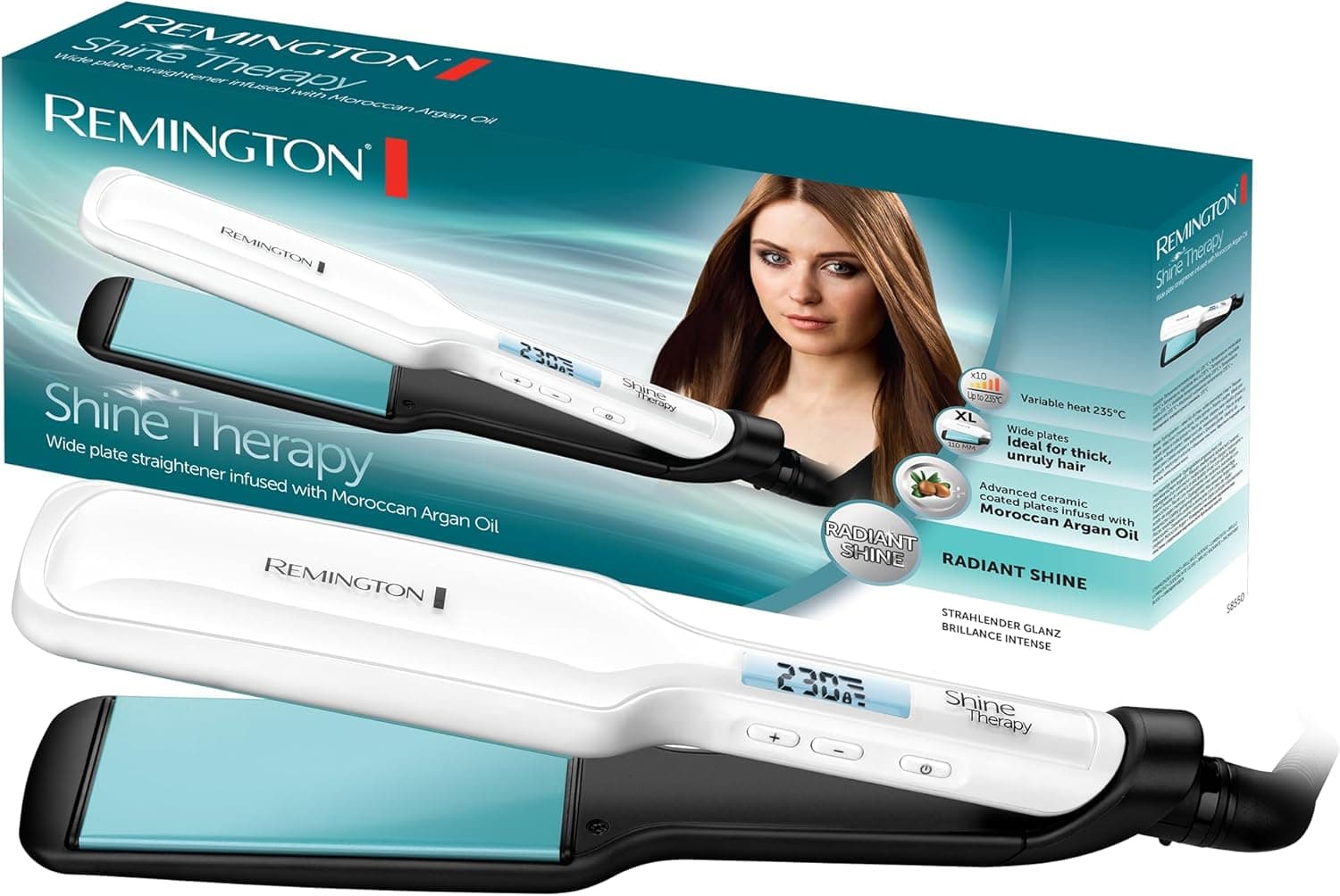 Remington Plancha de Pelo Shine Therapy, Aceite de Argán, Placas Flotantes Anchas, Resultados Profesionales, Cerámica Avan... – Remington
