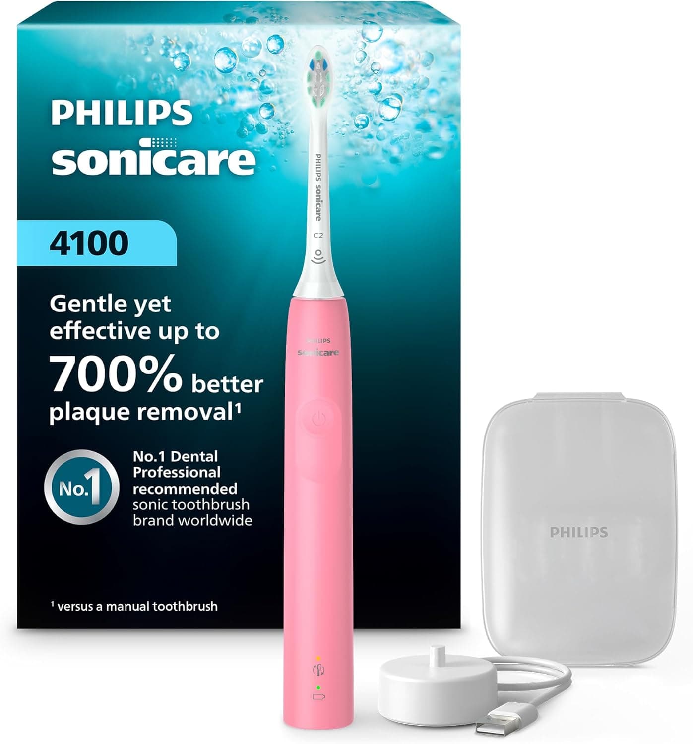 Philips Sonicare 4100 Power - Cepillo de dientes de color rosa profundo, incluye estuche para cabezal de cepillo – Philips