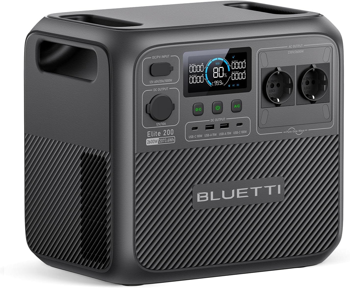 BLUETTI Elite 200 V2 Estación de energía portátil 2073,6 Wh LiFePO4, 4 AC 2600 W (3900 W Power Lifting), carga rápida 0–80 % en 50 min, generador solar para camping, off-grid y emergencias – BLUETTI