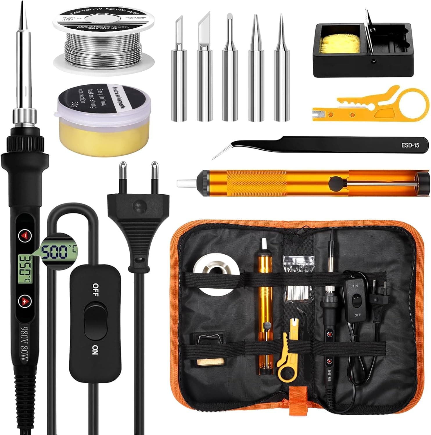 YGVQN Juego de Soldador 80W con Pantalla LCD, Calentamiento Rápido 7s (180-500°C), 5 Punetas de Hierro, Bomba de Desoldar,... – YGVQN