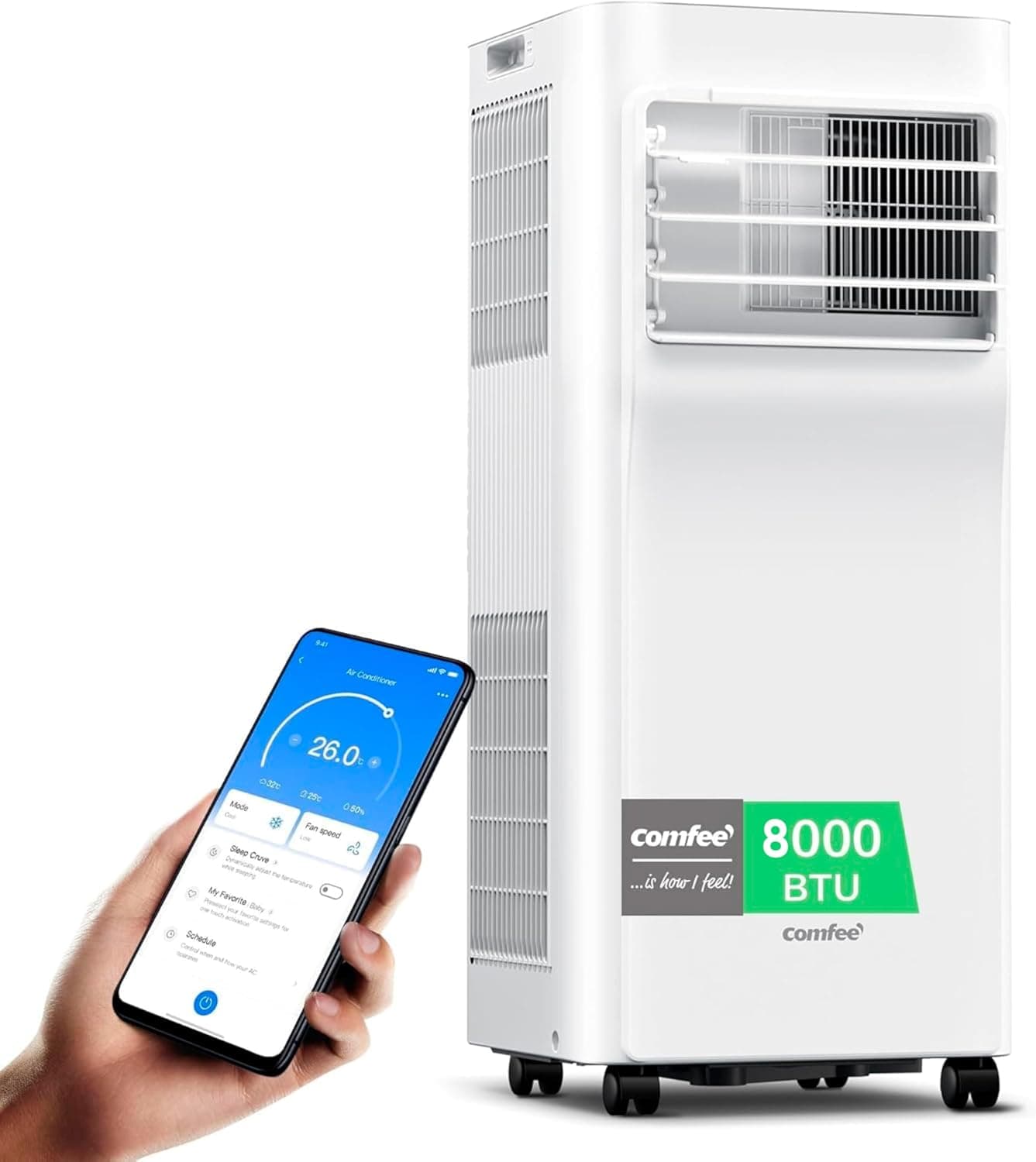 COMFEE Pingüino Aire Acondicionado Portátil 3 en 1 | 8000 BTU/2000 Frigorías Con App + Mando a Distancia | Climatizador y Deshumidificador | Bajo Consumo | Función Follow Me | Incluye kit de Ventana – COMFEE