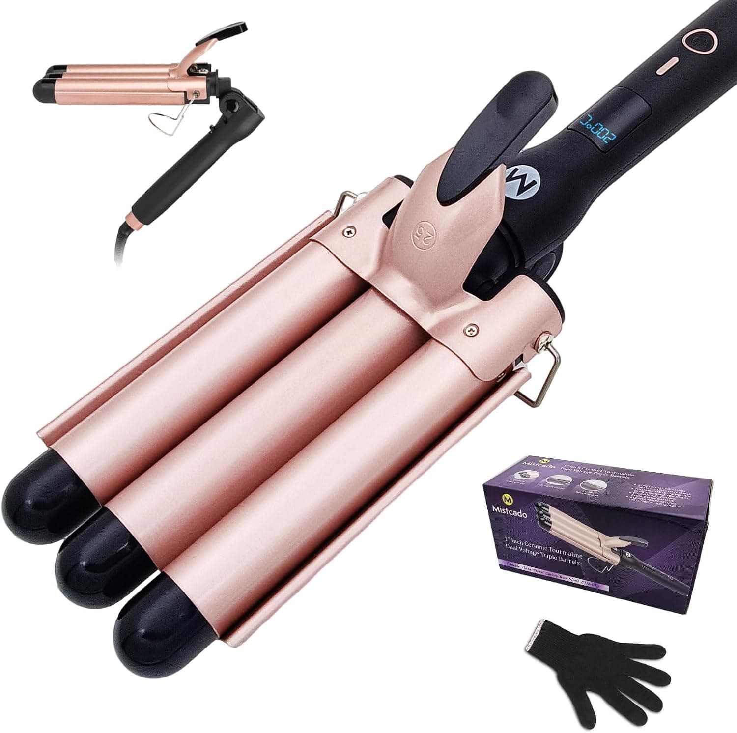 Rizador de pelo de tres barriles Mistcado, plancha de pelo ondulada de cerámica y turmalina de 25 mm con pantalla LCD para... – Rizador