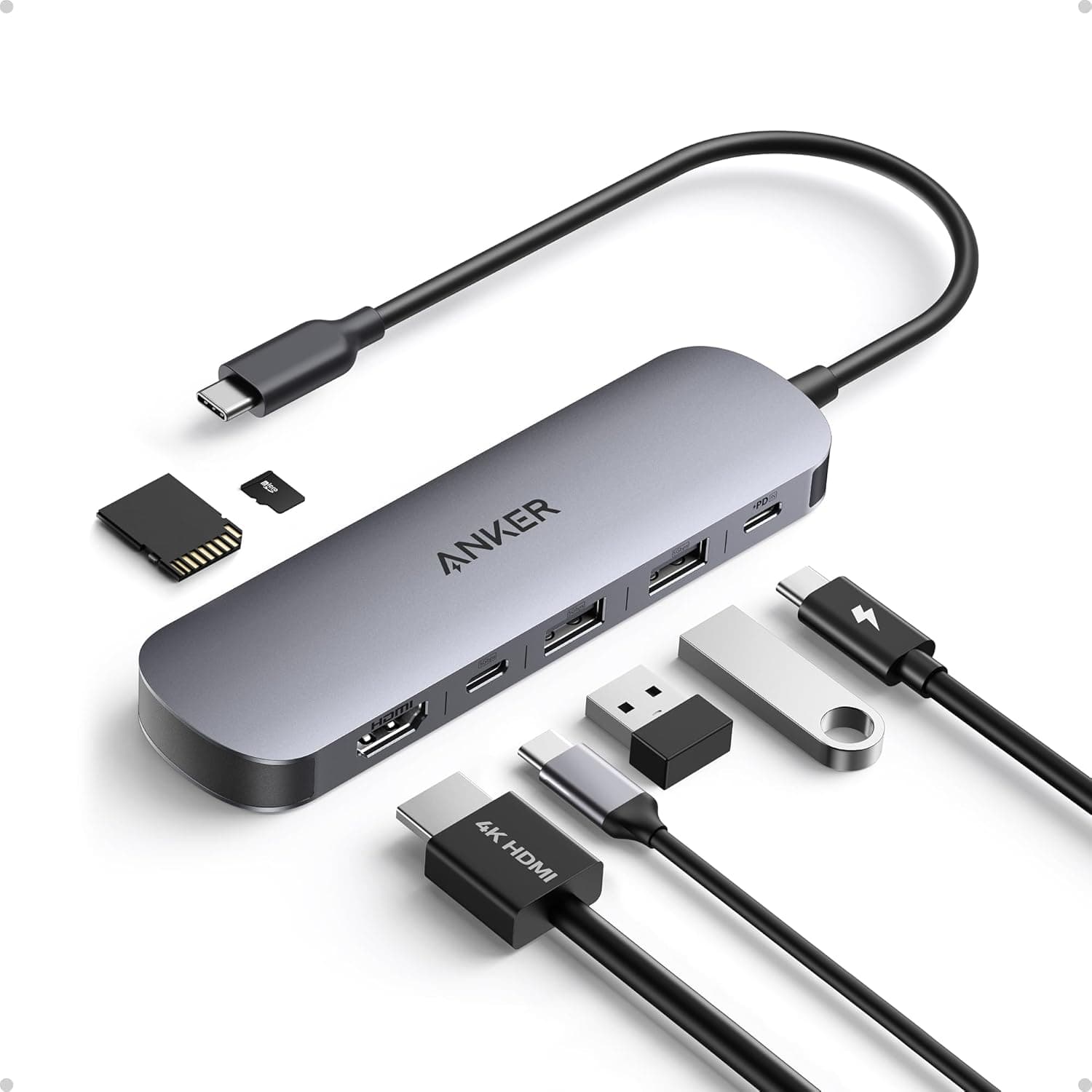 Anker Hub USB C 7 en 1 Concentrador, Adaptador Tipo C Multipuerto, Divisor USB HDMI 4K a60 Hz, Potencia máx de 100W, 3 Puertos de Datos USB A y USB-C 3.0, Tarjeta SD/TF, Tipo C (Cargador no Incluido) – Anker