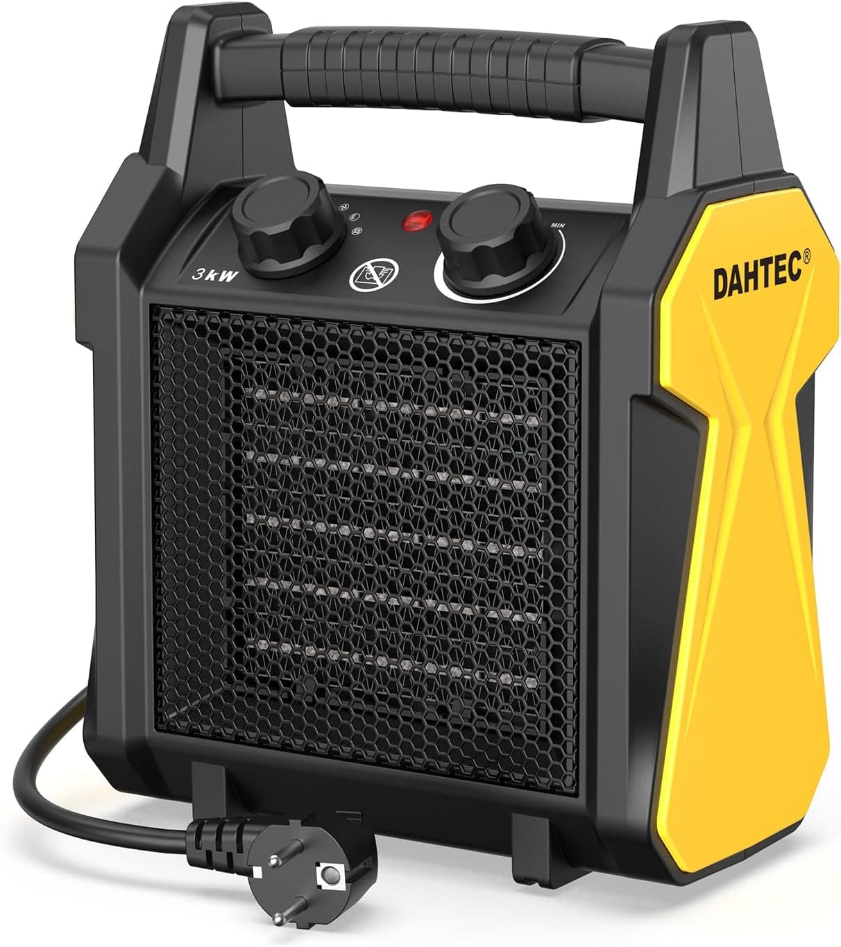 DAHTEC Calefactor Bajo Consumo 3000W - Ceramico Aire Caliente - Protección Antivuelco & Termostato - Apto para Hogares, Baños –
