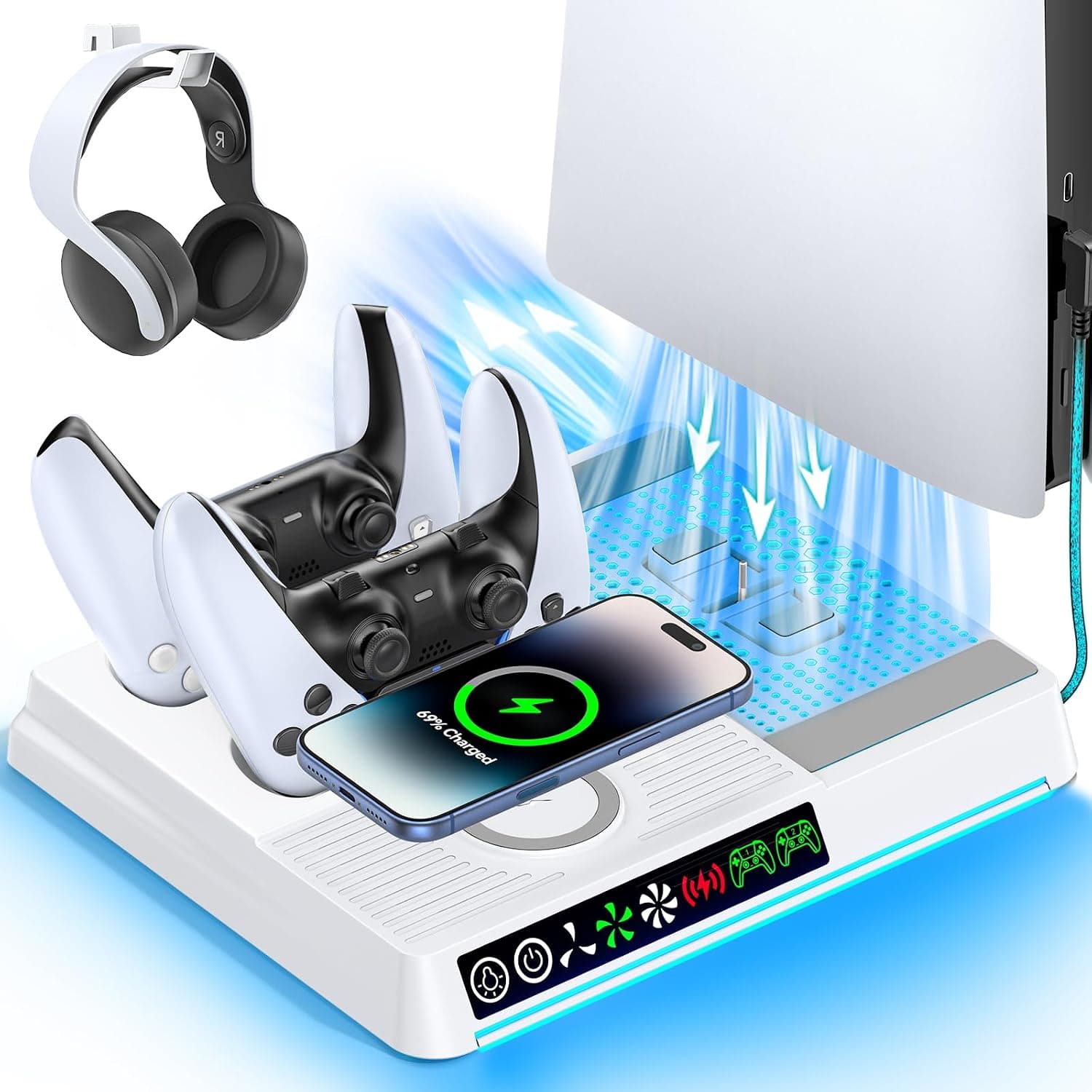 Soporte de Refrigeración para PS5 Compatible con PS 5/Slim/Pro, Cargador para Mando PS5, Ventilador para PS5 de 3 Velocidades con Iluminación RGB, Cargador Inalámbrico & Accesorios PS 5 Almacenamiento –