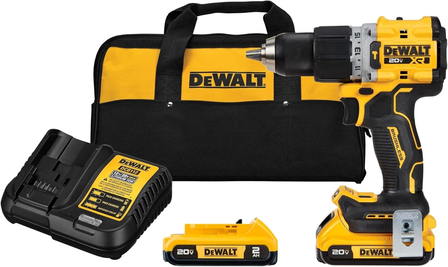 DEWALT 20V MAX* XR® inalámbrico sin escobillas de 1,27 cm. Kit de taladro de martillo/destornillador (DCD805D2), amarillo – DEWALT