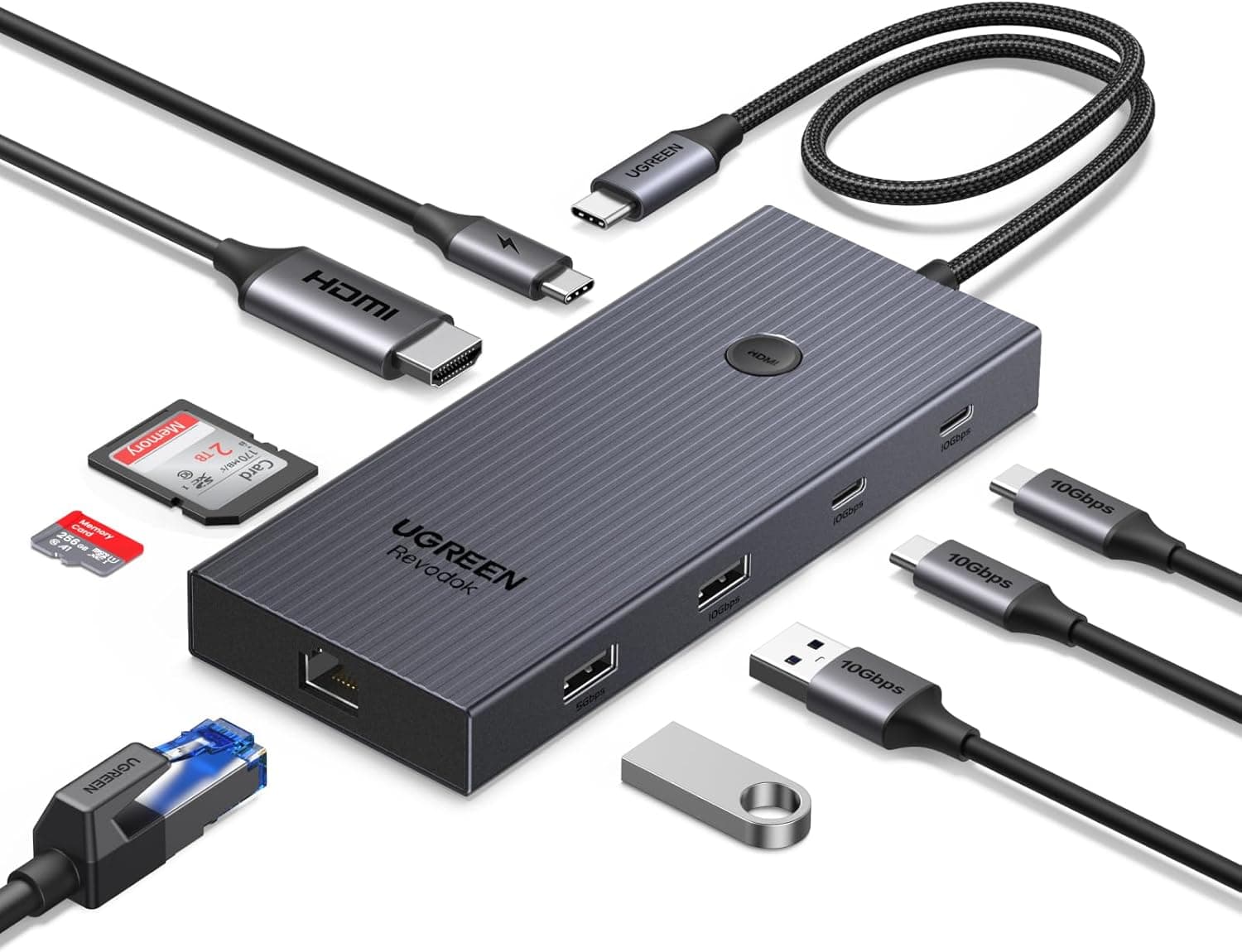 UGREEN Revodok Pro 1091 10Gbps Hub USB C HDMI 4K 60Hz Ethernet Gigabit PD 100W Lector de Tarjeta SD TF Puertos de Datos 2A2C Docking Station Compatible con MacBook Neo iPad Air iPhone 17 Pro MAX – UGREEN