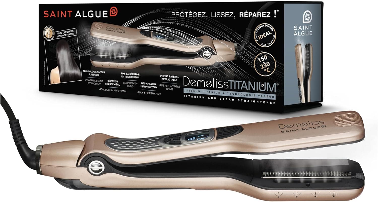 DEMELISS - Plancha de Pelo de Vapor Saint Algue Placas de Titanio - Maxi-Depósito Integrado 40ml - Peine Lateral Extraíble... – DEMELISS