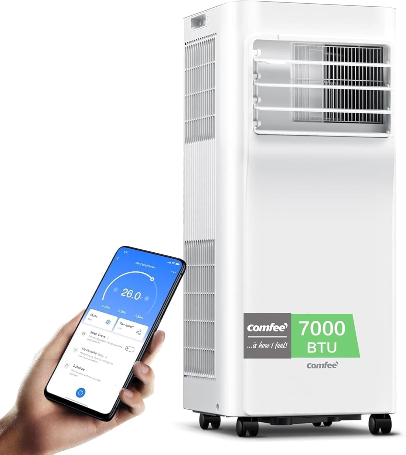 COMFEE Pingüino Aire Acondicionado Portátil 3 en 1 | 7000 BTU/1800 Frigorías Con App + Mando a Distancia | Climatizador y Deshumidificador | Bajo Consumo | Función Follow Me | Incluye kit de ventana – COMFEE