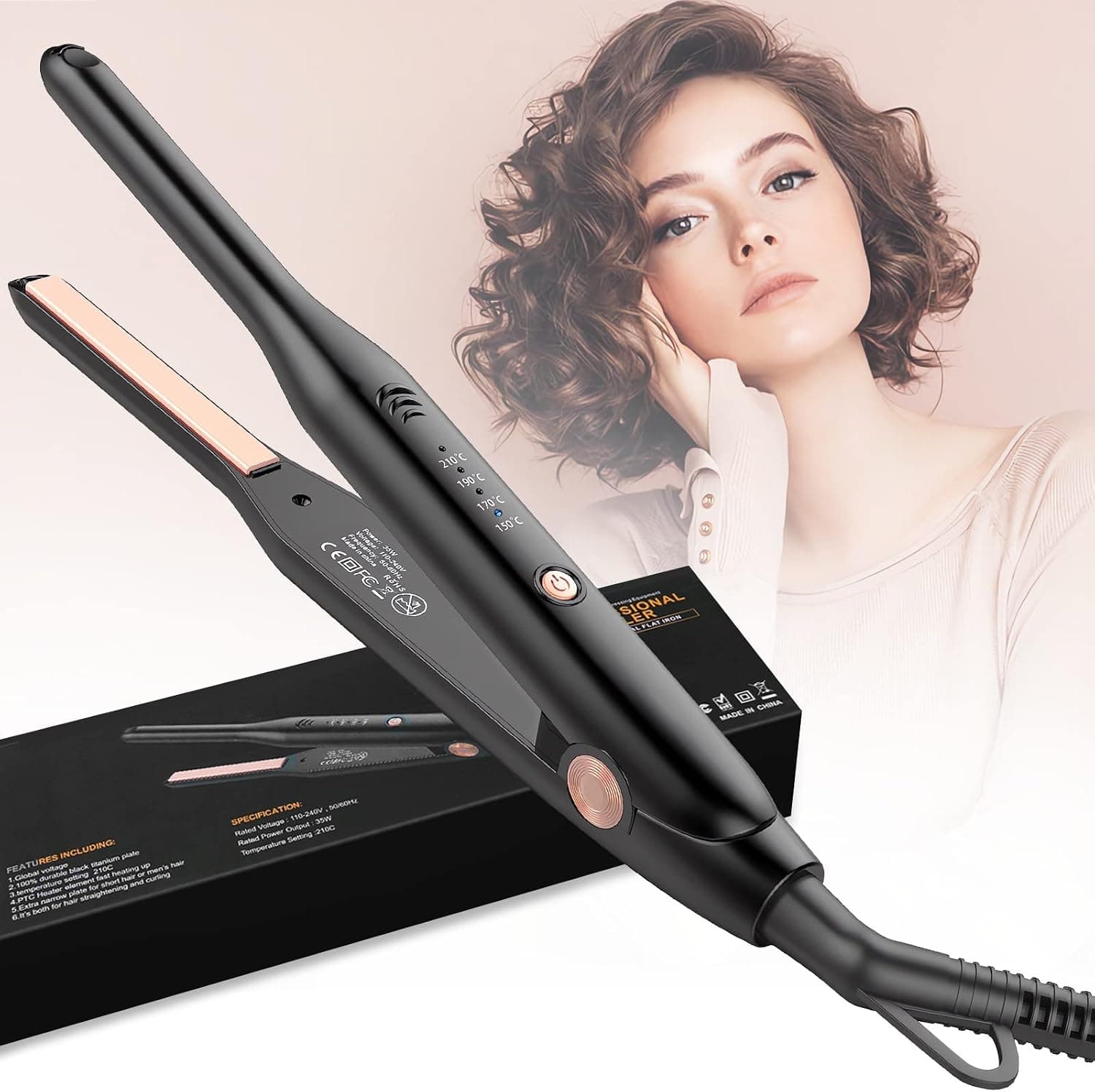 Mini Plancha de Pelo, HyAdierTech 2 en 1 Cerámica Alisador Profesional Para Cabello Corto, Doble Voltaje Alisador de Cabello Pequeño Portátil 150 ℃-210 ℃,Mujer & Hombre – Mini