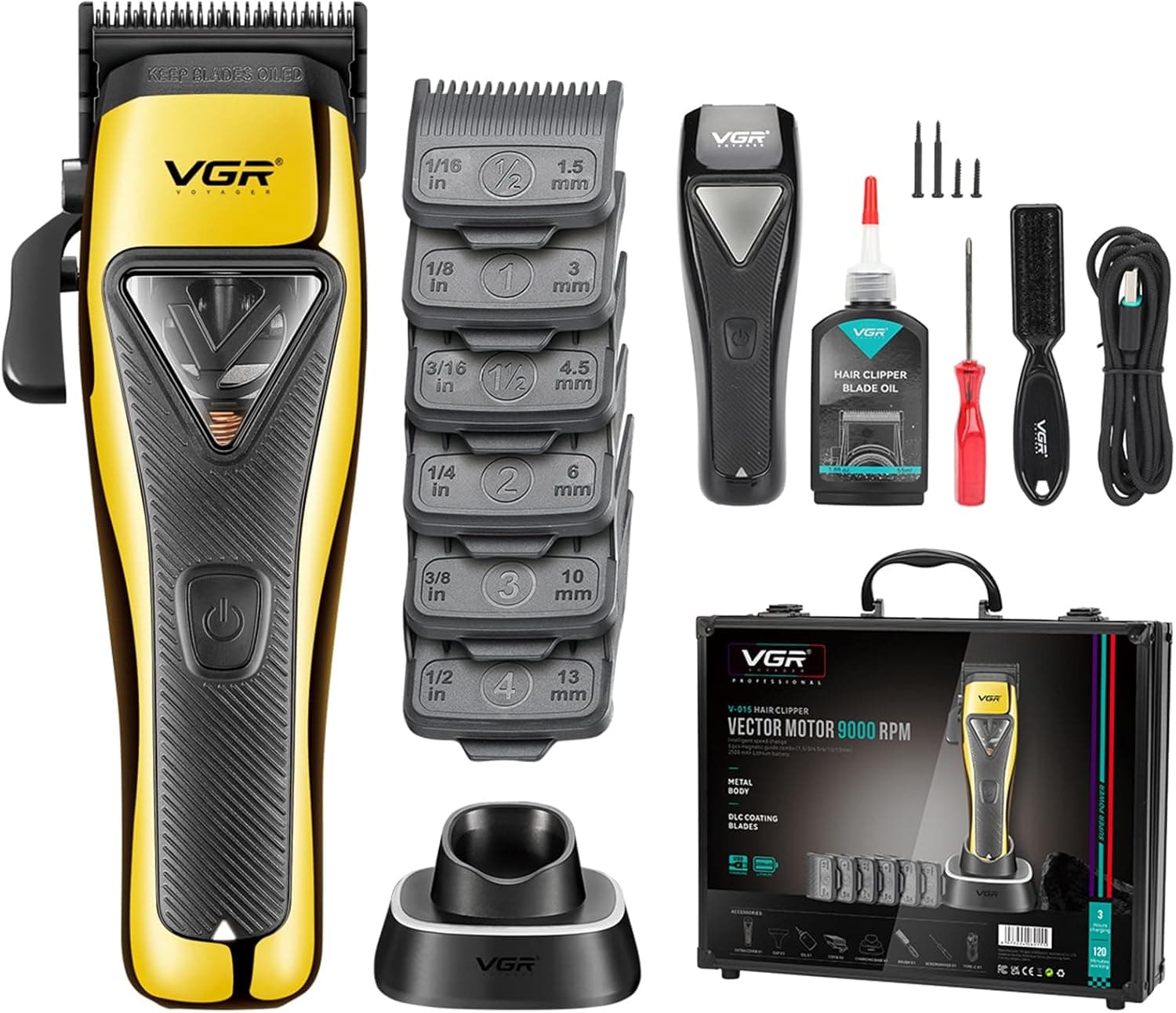VGR 015 Cortadora de Pelo Inalámbrica Profesional para Hombres, Motor Vector 9000 RPM, Cuchilla DLC, Cortadora de Barbero ... – VGR