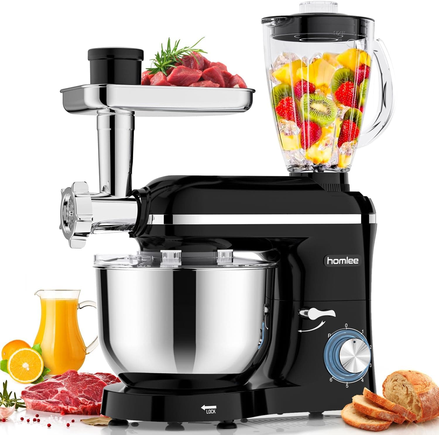Homlee 3 In 1 Robot De Cocina con Picadora De Carne y Batidora,2000W Amasadora Multifunción, 5.5L Cuenco De Acero Inoxidab... – Homlee