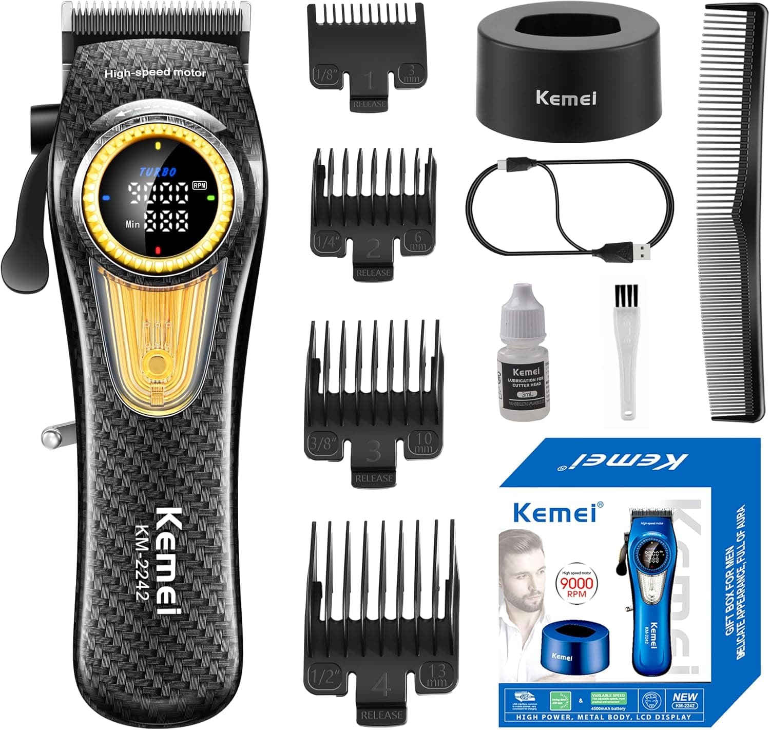 KEMEI 2242 Cortapelos profesional para hombres, cortadora de pelo inalámbrica con pantalla LED y base de carga, herramientas de corte de cabello, motor de súper par de 9000 rpm, negro – KEMEI