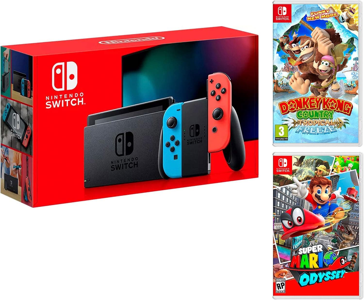 Nintendo Switch rojo/azul neón 32 GB Pack + Super Mario Odyssey + Donkey Kong: Tropical Freeze –