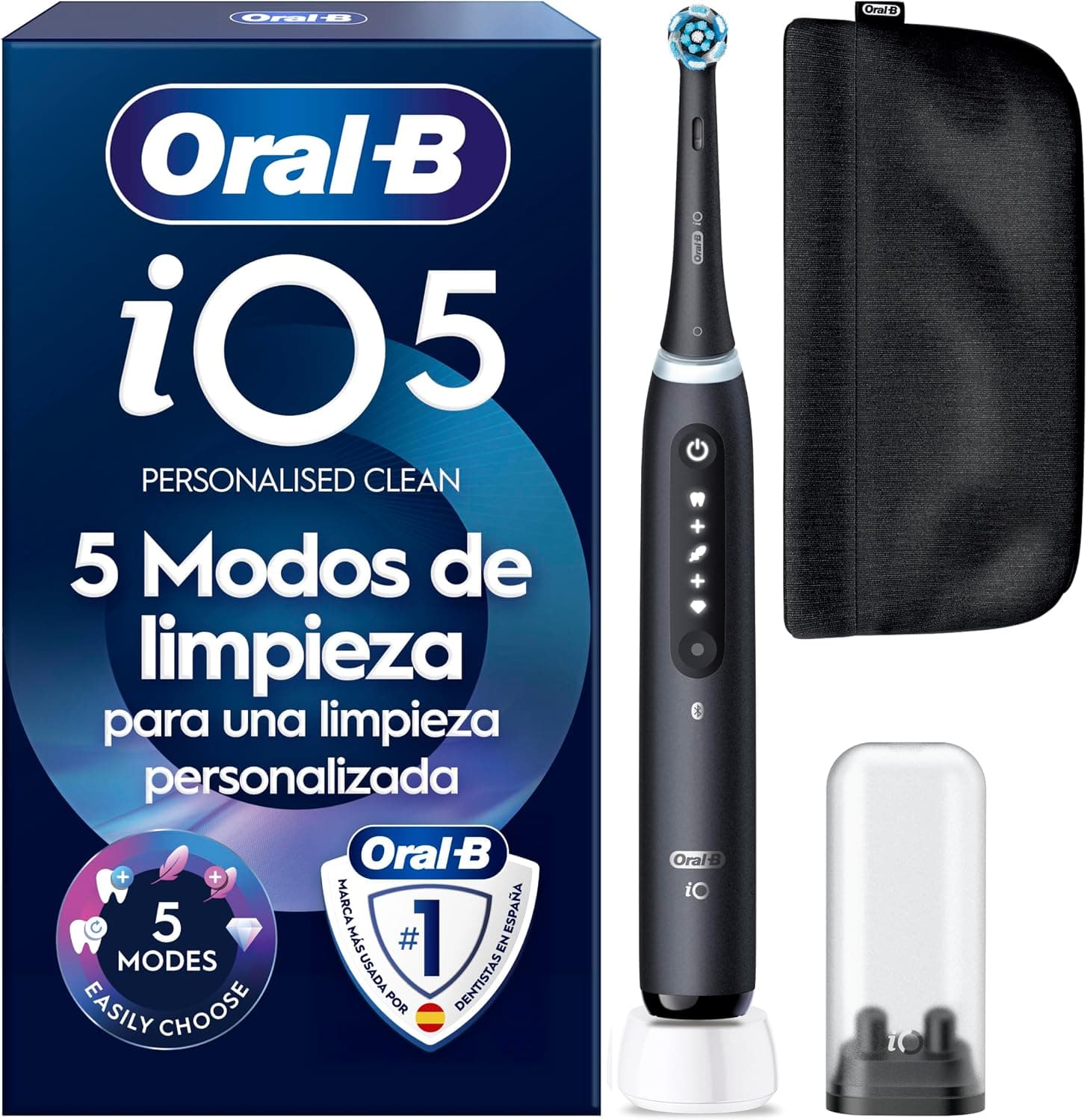 Oral-B iO 5 Cepillo de Dientes Eléctrico, 1 Cabezal, Negro - Cepillo Dental con Sensor de Presión, 5 Modos de Cepillado con Blanqueamiento Dental, Temporizador, Seguimiento con App, Estuche de Viaje – Oral-B