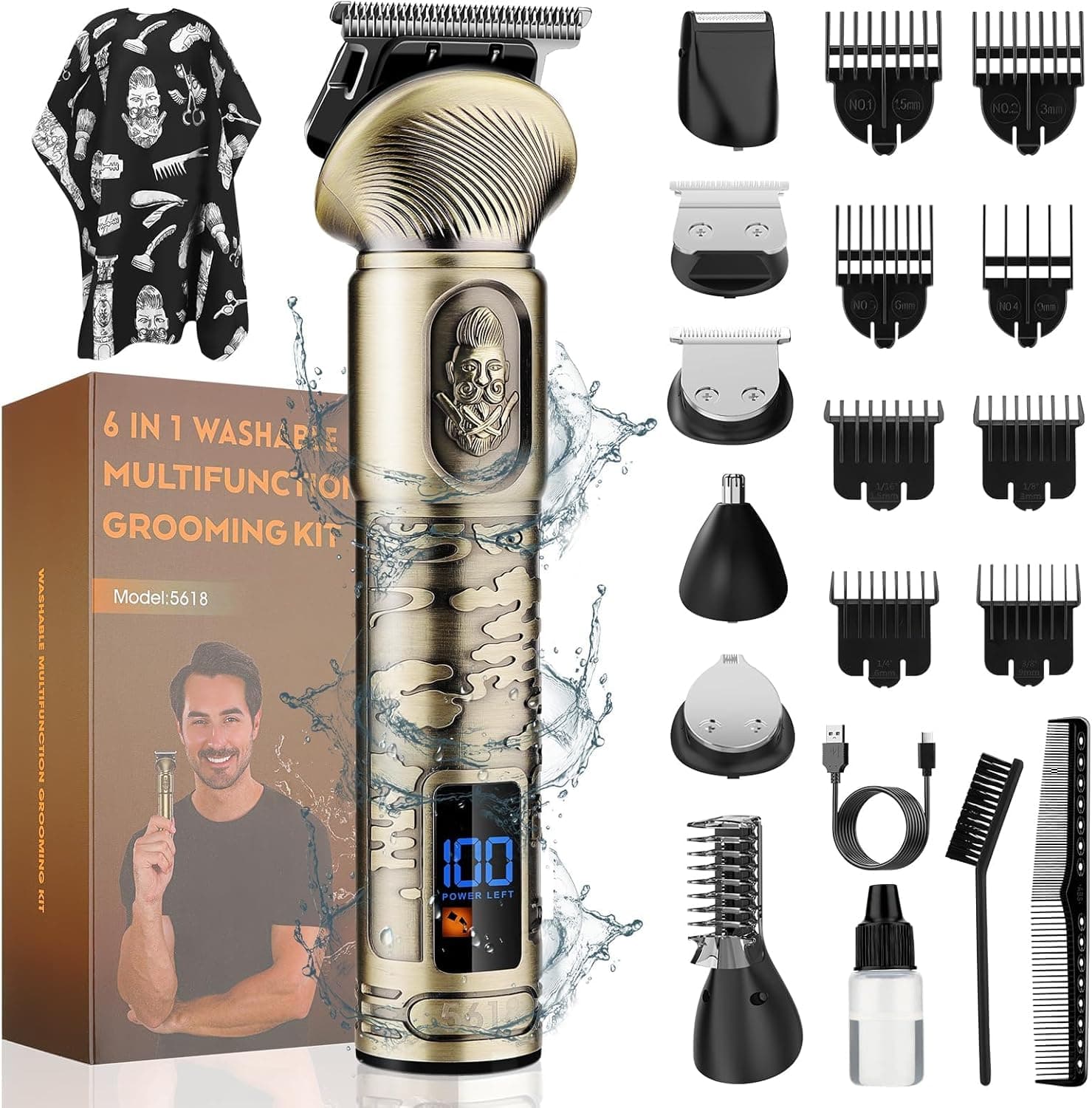 QREEYX® Recortadora de barba 6 en 1 para hombres, cortadora de pelo profesional, cortadora de pelo impermeable, recortadora de hoja en T, maquinilla de afeitar eléctrica para hombres, kit de aseo – QREEYX