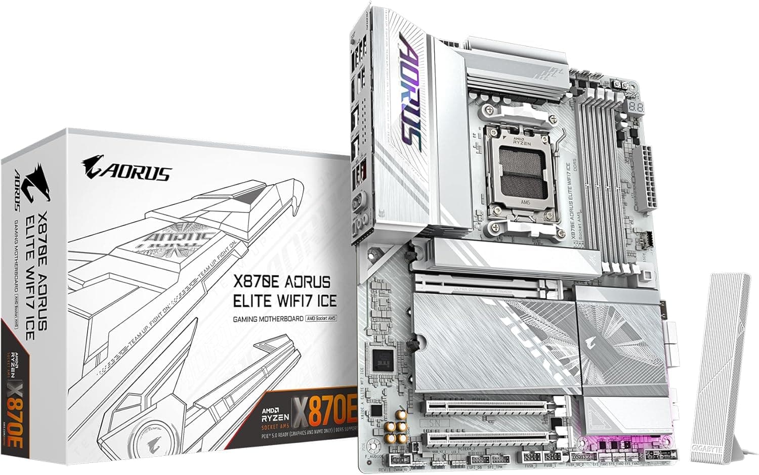 GIGABYTE X870E AORUS Elite WIFI7 Ice - Placa Base AMD AM5 LGA 1718, ATX, DDR5, 4X M.2, PCIe 5.0, USB4, WIFI7, LAN de 2.5 GbE, EZ-Latch –