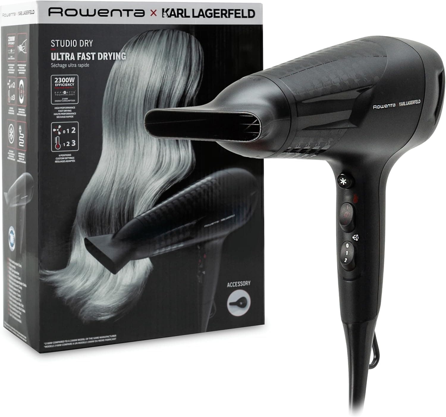 Rowenta x Karl Lagerfeld Studio Dry - Secador de pelo, 2300 W Eficiencia, 2100 W Consumo de energía, Tecnología Effiwatts, 6 ajustes de temperatura, Thermocontrol, Negro, CV581L – Rowenta