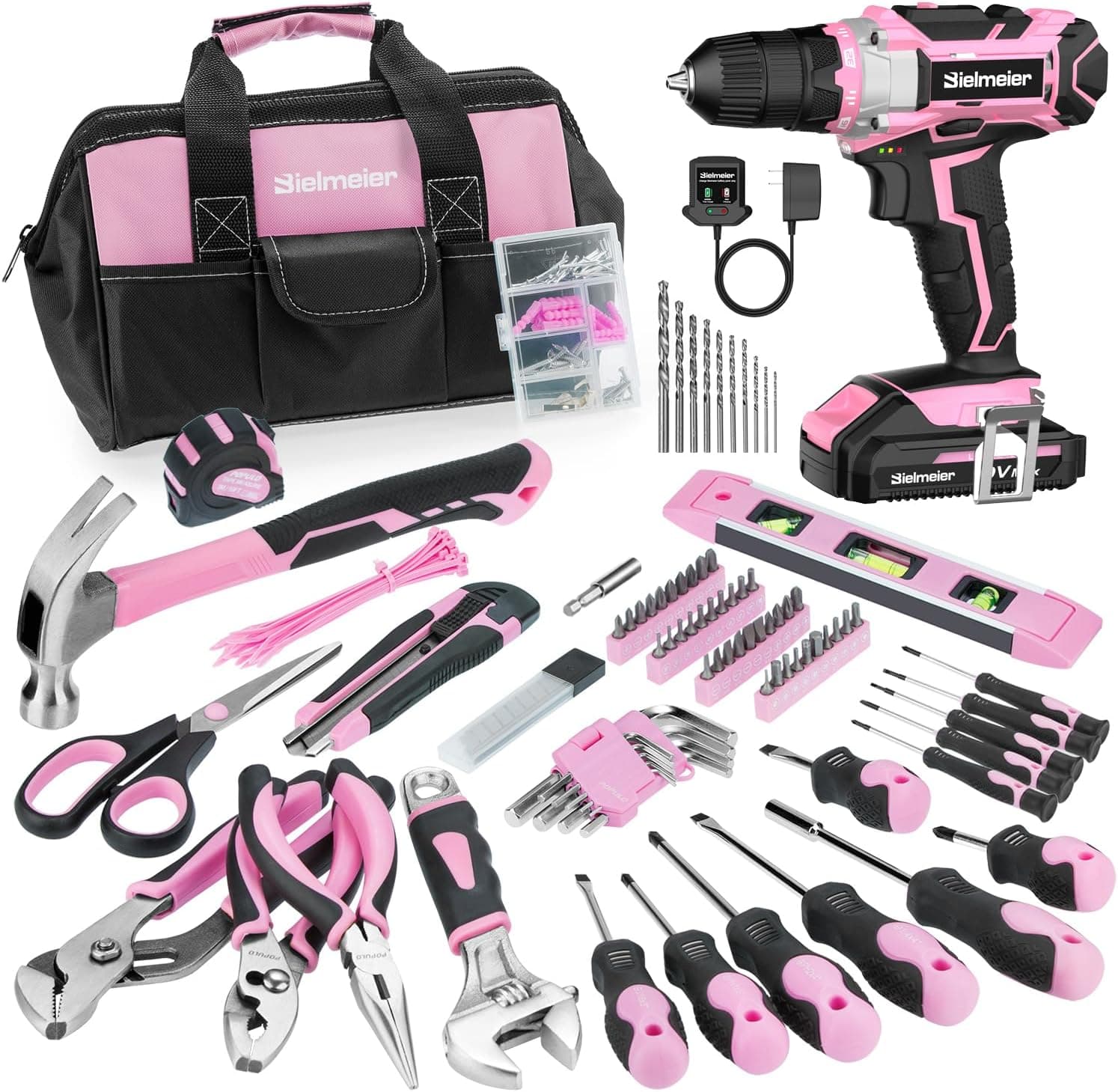 Bielmeier Kit de herramientas rosa de 236 piezas con taladro eléctrico inalámbrico de 20 V 2000 mAh, juego de herramientas... – Bielmeier