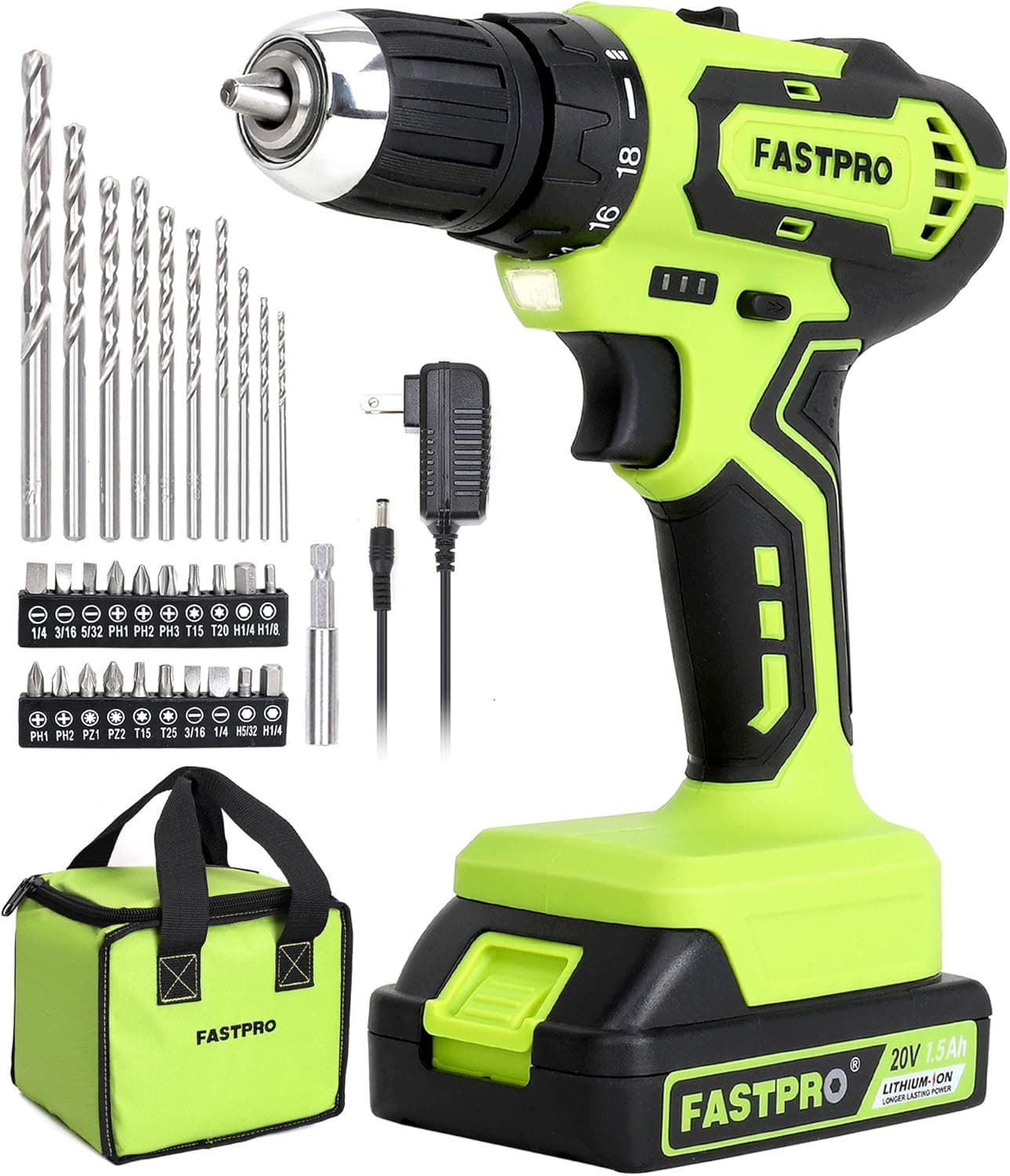 FASTPRO Juego de taladro inalámbrico de 20 V máximo, 3/8 pulgadas. Kit de taladro eléctrico con una batería de iones de li... – FASTPRO