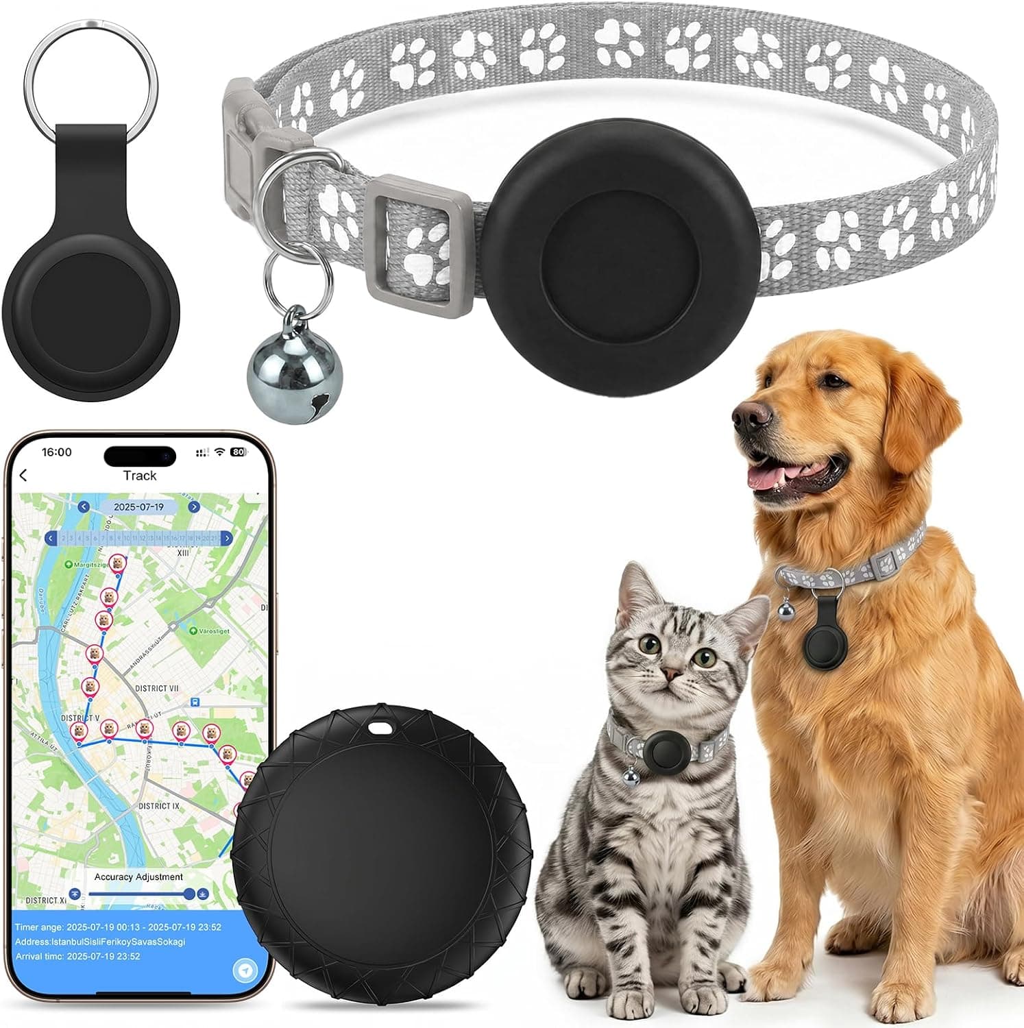GPS Gatos, Localizador GPS Perros Compatible con Sistemas iOS y Android, GPS Perros/Gatos Sin Suscripción, Posicionamiento Global en Tiempo Real, Resistente al Agua IPX6, Collar Ajustable - Gris – GPS
