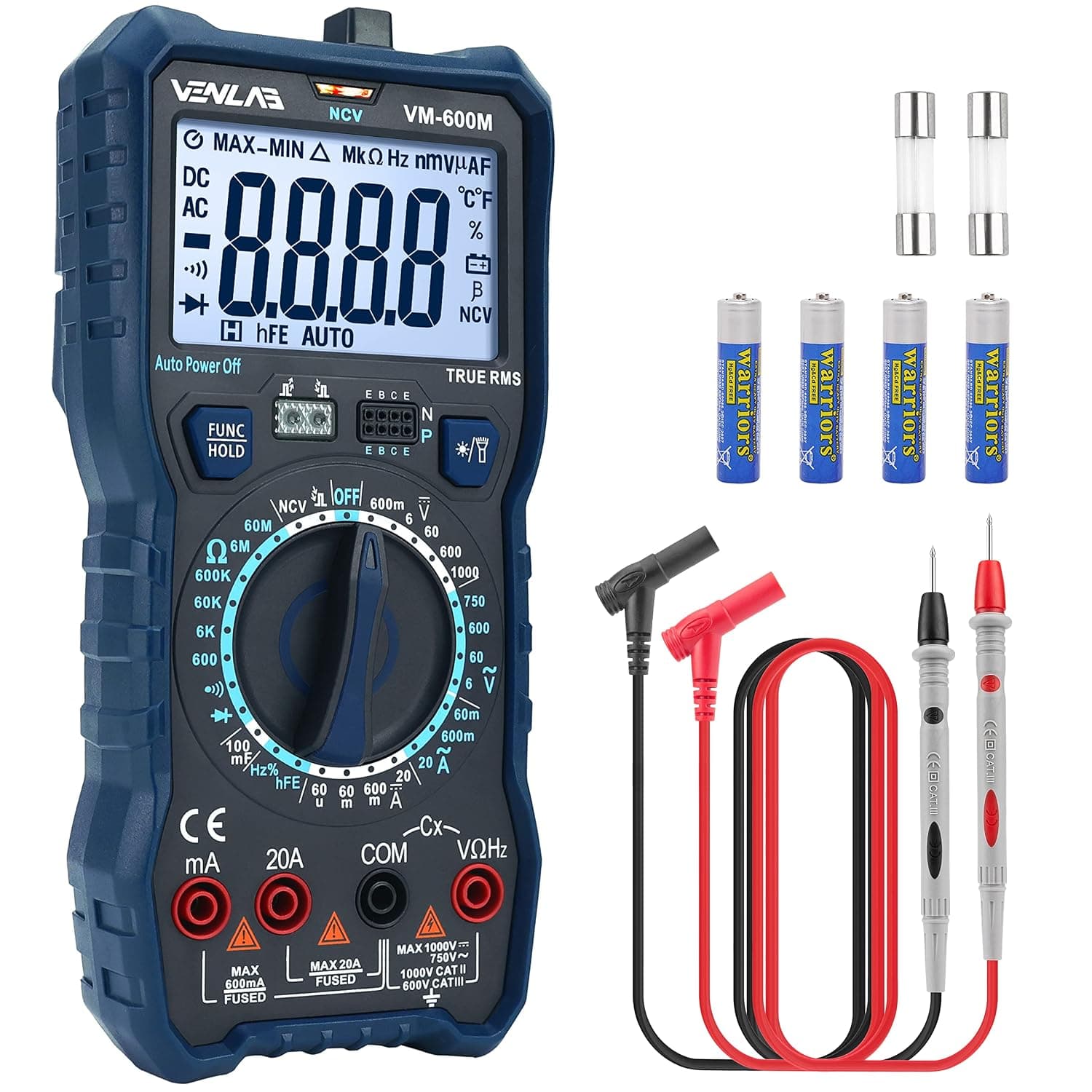 VENLAB Multímetro con Rango Manual, True RMS Multímetro Digital 6000 cuentas, Polimetro Medición de corriente/tensión/capacitancia/resistencia/frecuencia/ciclo de trabajo/NCV/hFE/continuidad – VENLAB