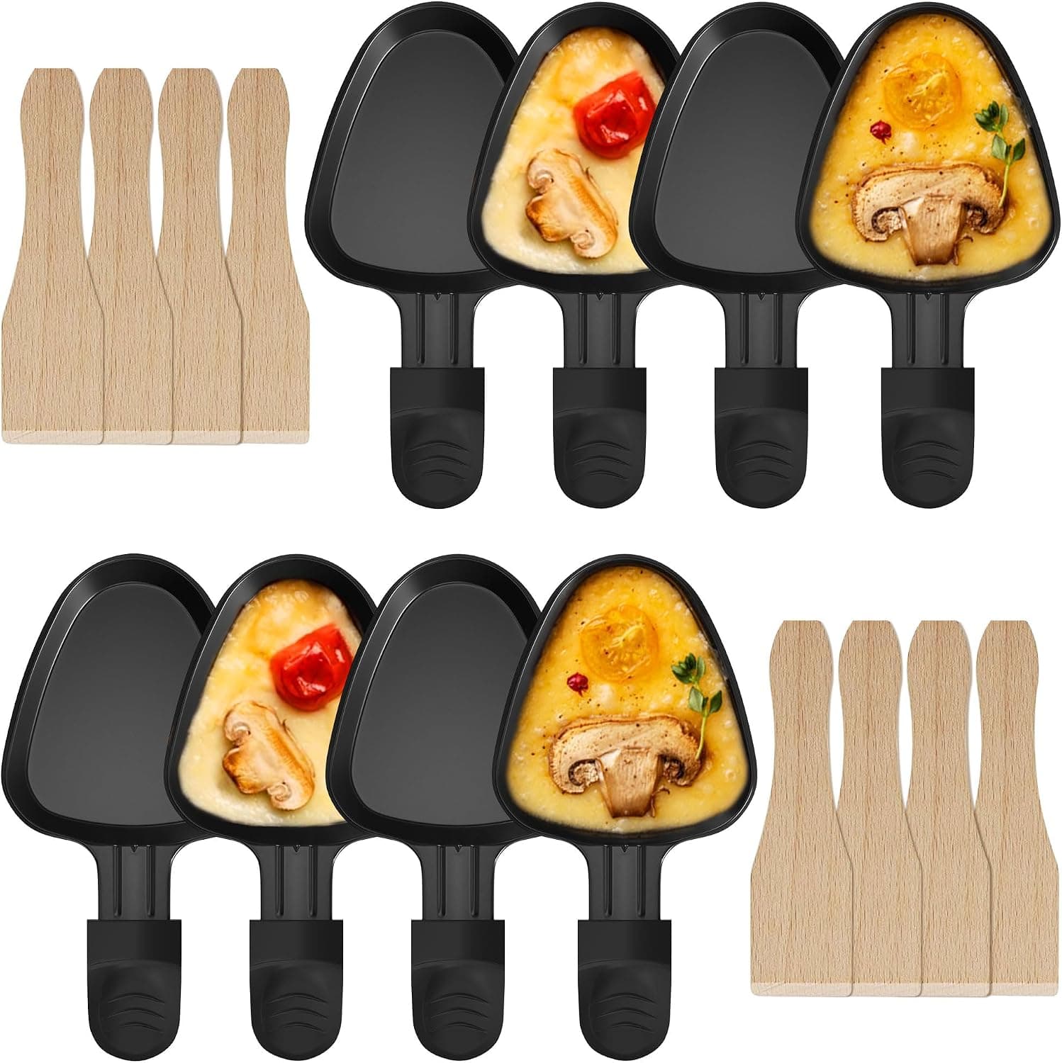 IPOW 8 Sartenes Raclette Triangulares Mangos Negros + Palas Madera - Antiadherente Profesional, Formato Innovador – IPOW