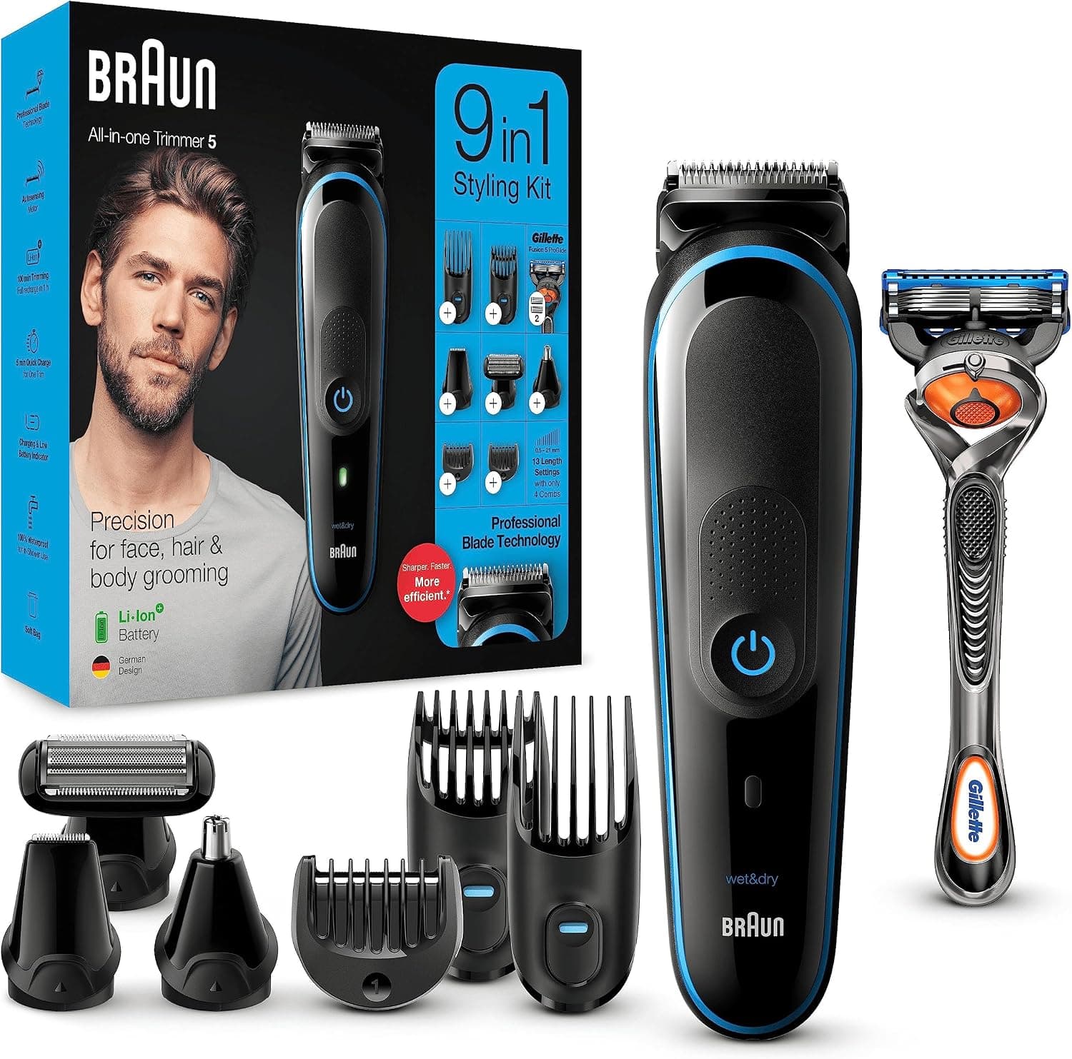 Braun Recortadora de Barba 9 en 1, Máquina de Cortar Pelo, Depiladora Corporal Hombre, MGK 5280, Negro/Azul – Braun
